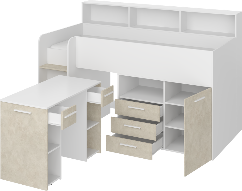 Etagenbett NE-L mit Treppe links, Ausziehbarer Schreibtisch und Doppel Schrank
