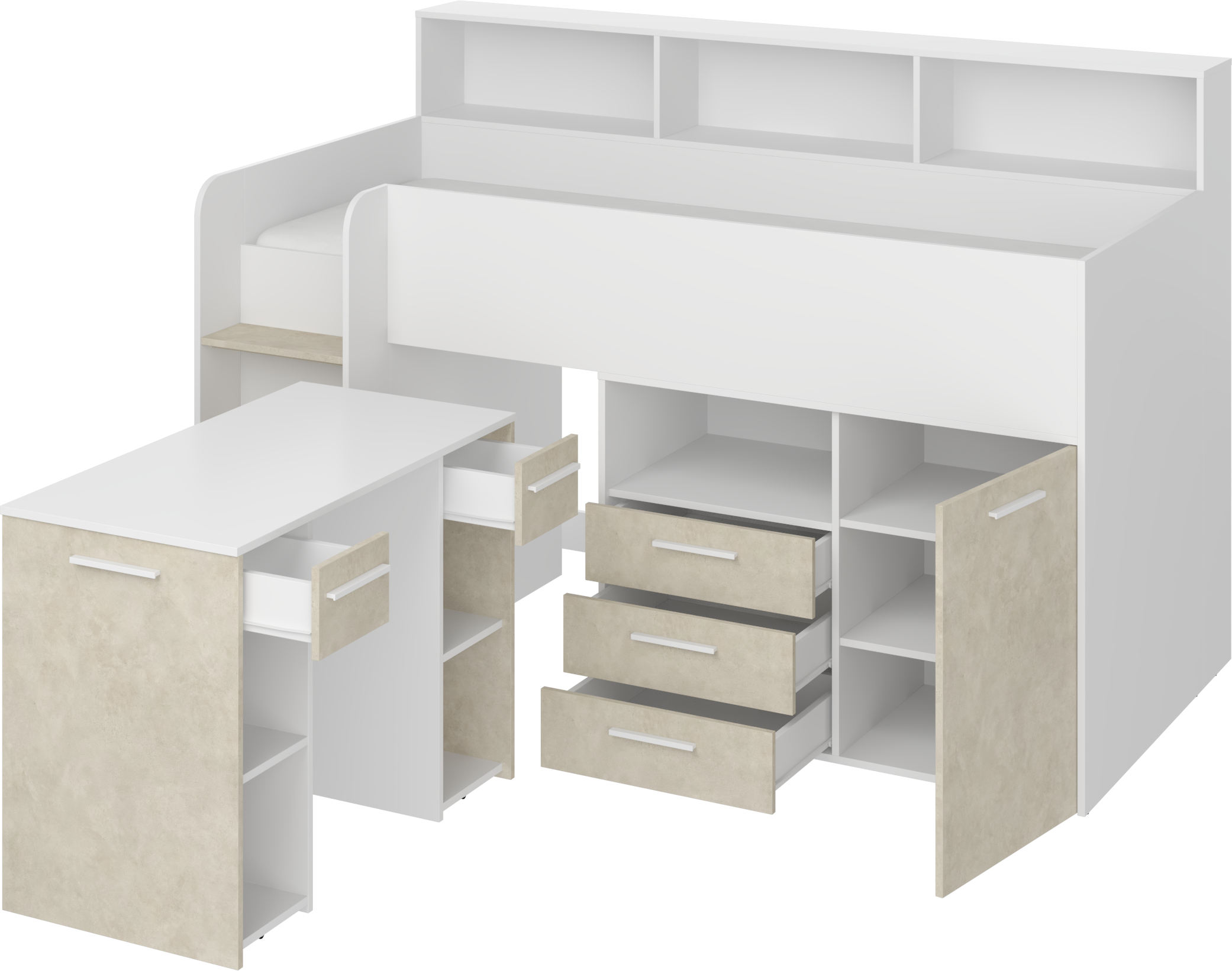 Etagenbett NE-L mit Treppe links, Ausziehbarer Schreibtisch und Doppel Schrank