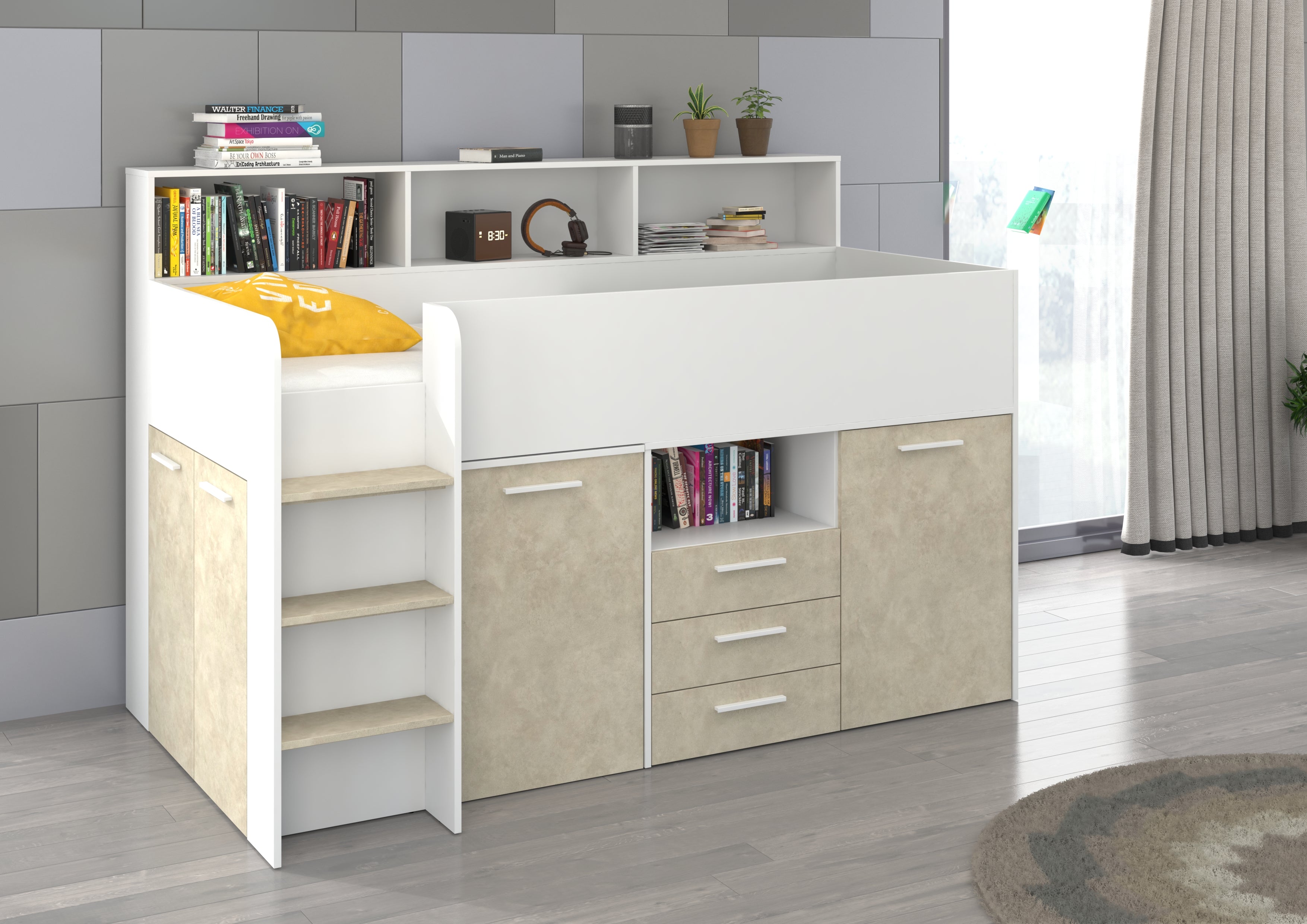 Etagenbett NE-L mit Treppe links, Ausziehbarer Schreibtisch und Doppel Schrank