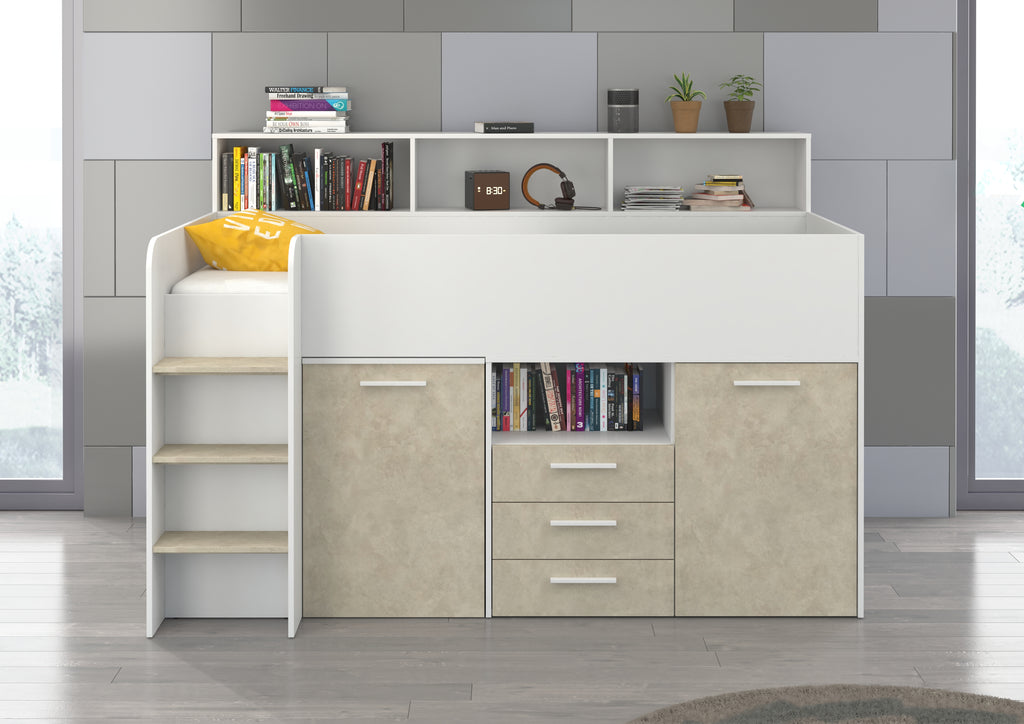 Etagenbett NE-L mit Treppe links, Ausziehbarer Schreibtisch und Doppel Schrank
