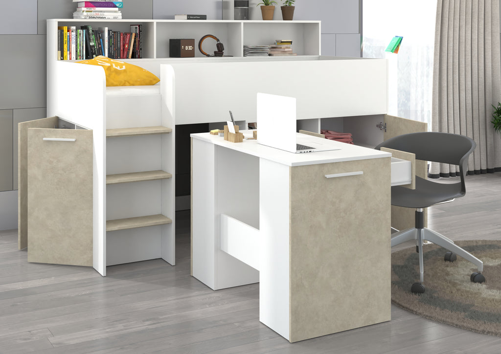 Etagenbett NE-L mit Treppe links, Ausziehbarer Schreibtisch und Doppel Schrank