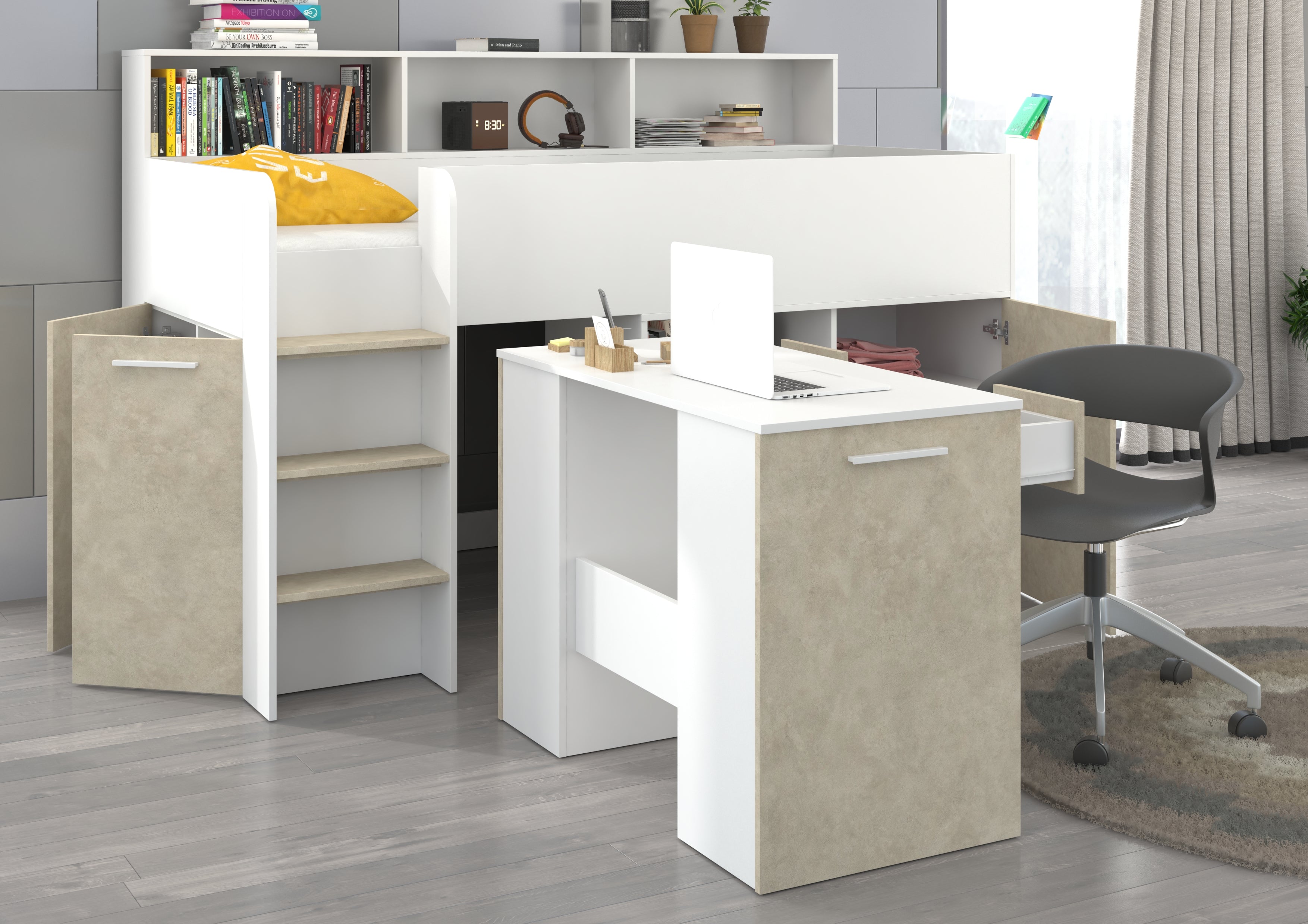 Etagenbett NE-L mit Treppe links, Ausziehbarer Schreibtisch und Doppel Schrank