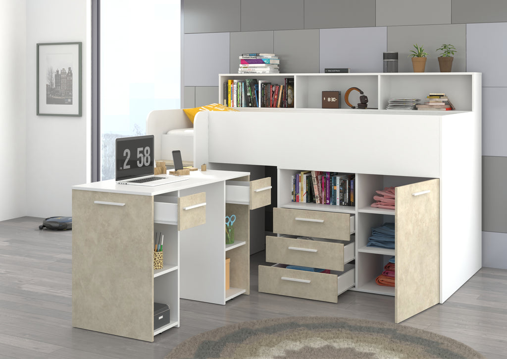 Etagenbett NE-L mit Treppe links, Ausziehbarer Schreibtisch und Doppel Schrank