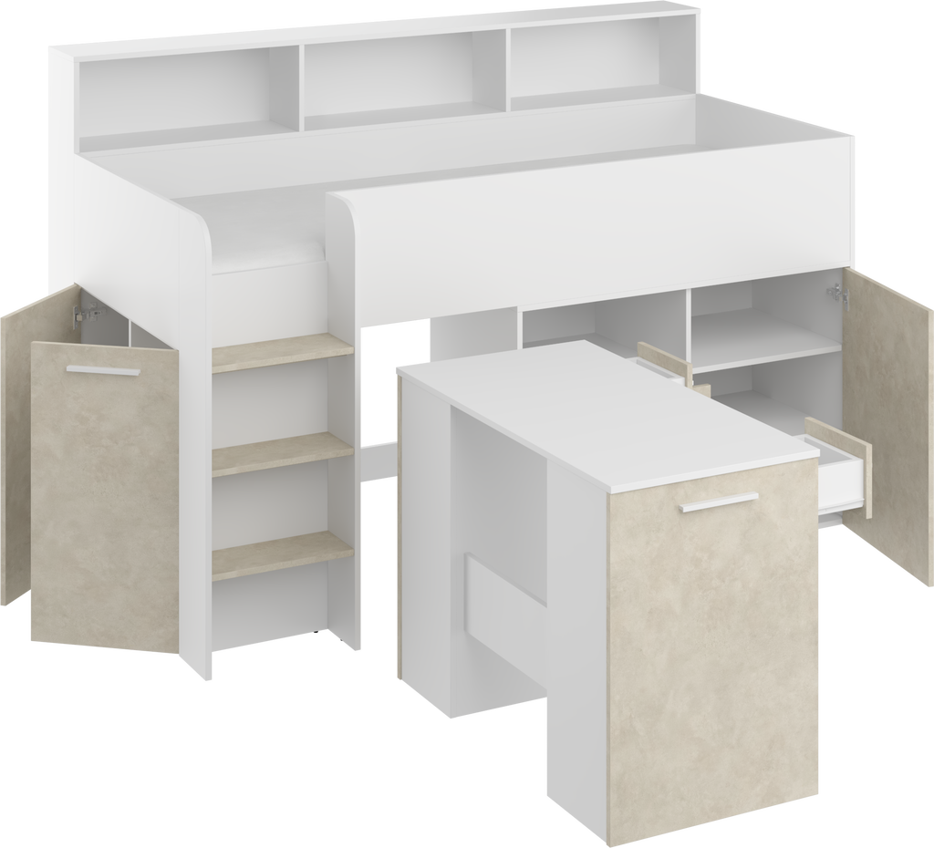 Etagenbett NE-L mit Treppe links, Ausziehbarer Schreibtisch und Doppel Schrank