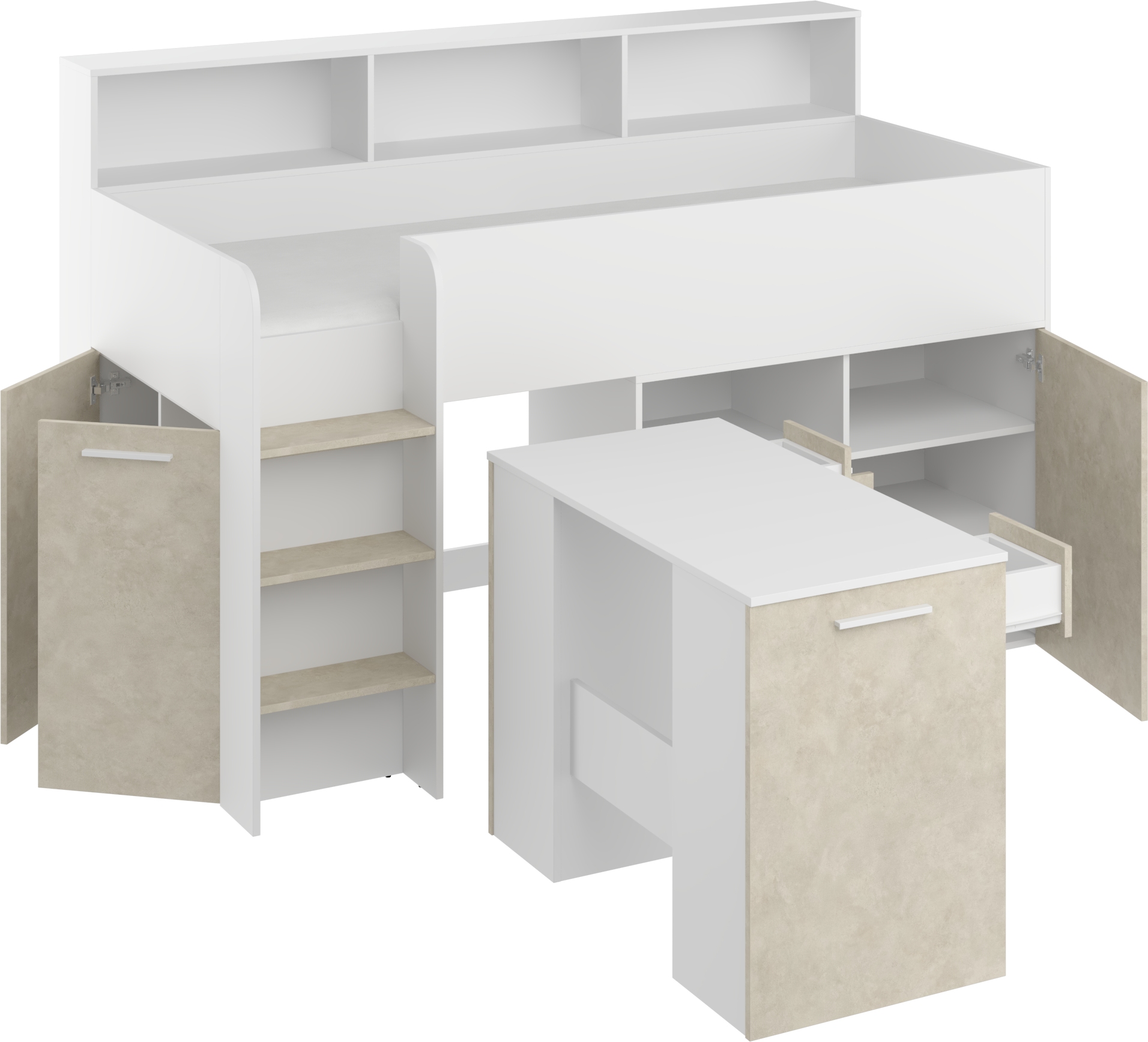 Etagenbett NE-L mit Treppe links, Ausziehbarer Schreibtisch und Doppel Schrank
