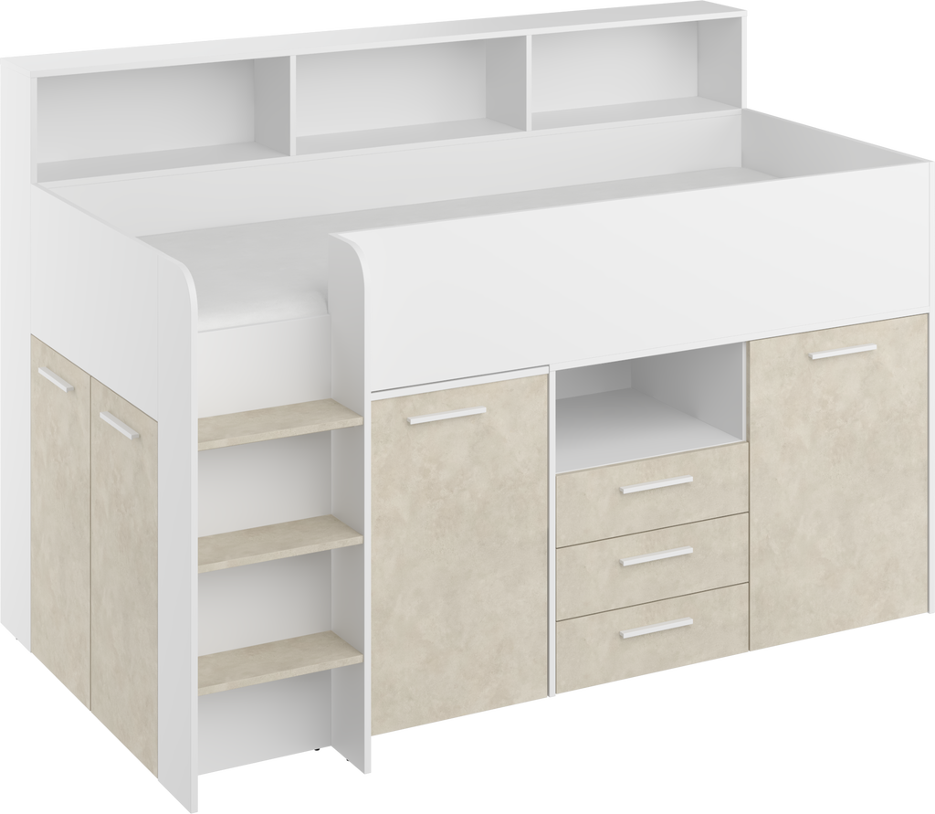 Etagenbett NE-L mit Treppe links, Ausziehbarer Schreibtisch und Doppel Schrank