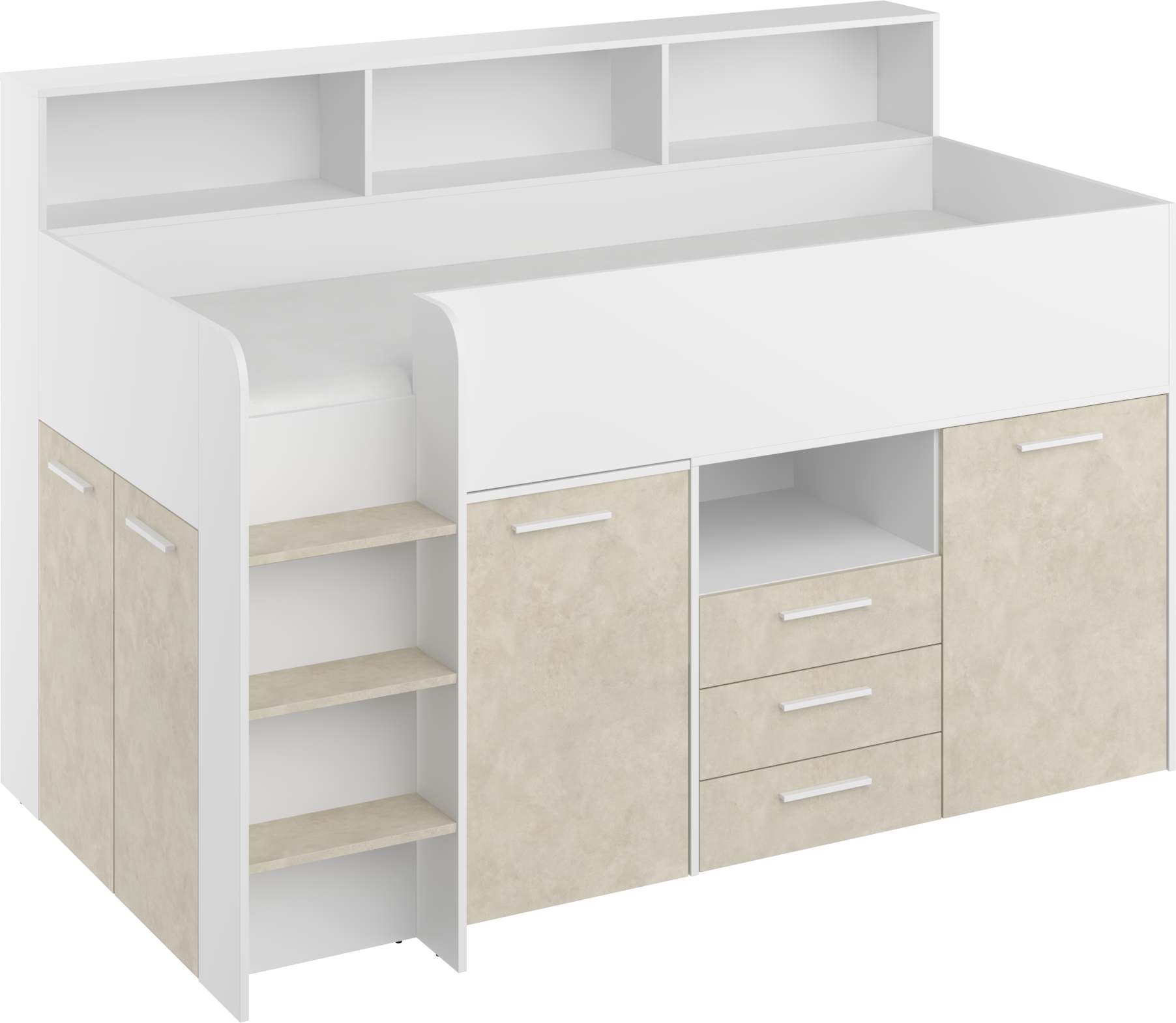 Etagenbett NE-L mit Treppe links, Ausziehbarer Schreibtisch und Doppel Schrank