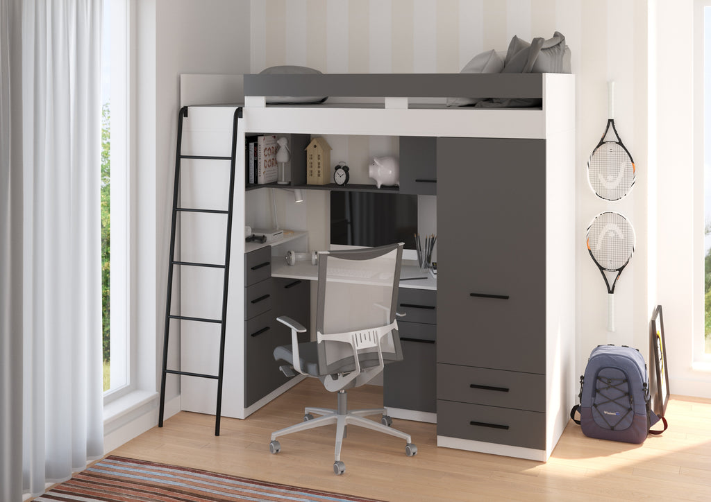 Etagenbett SMY-L mit Leiter links, Kleiderschrank, Schreibtisch und viele Regale