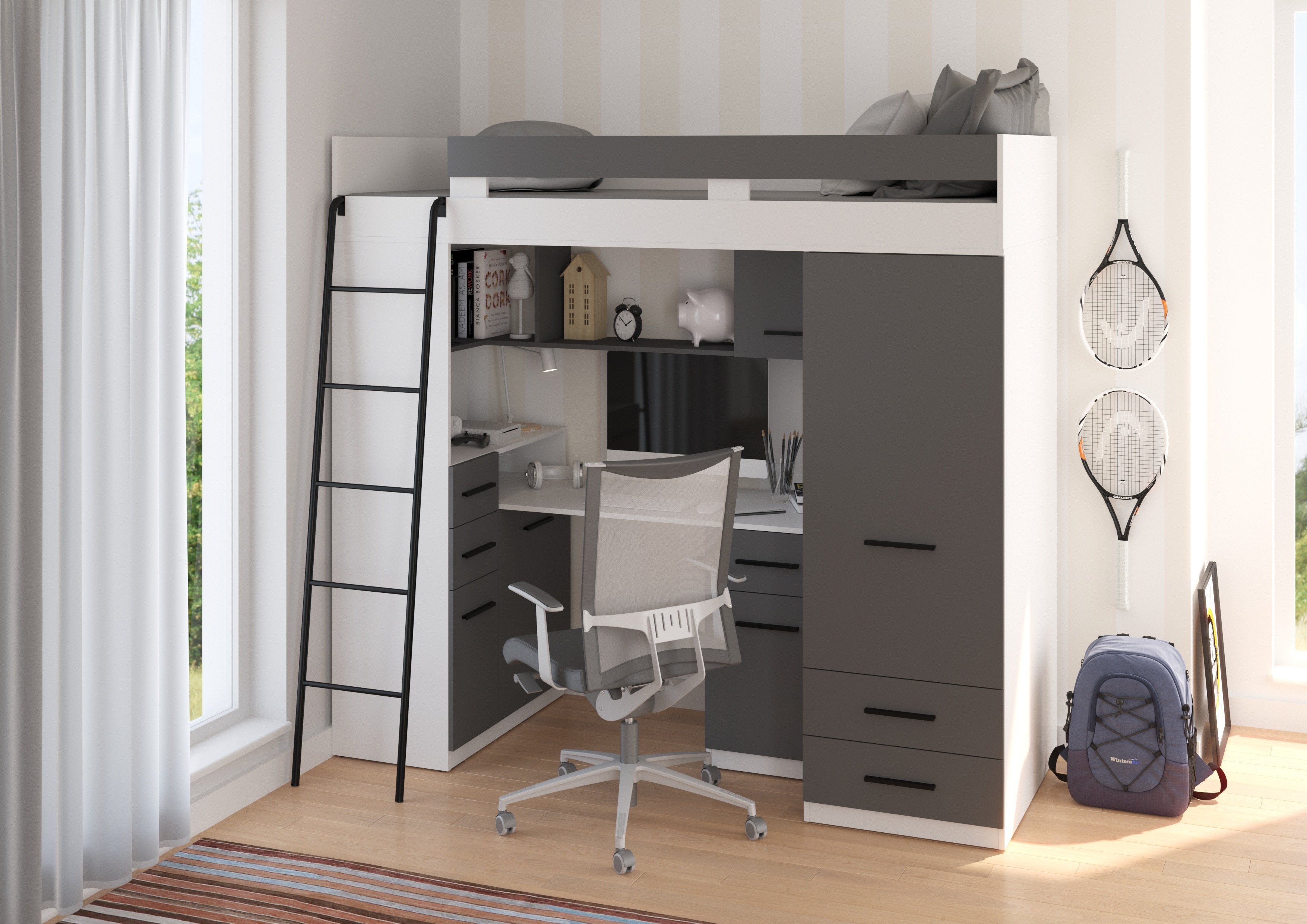Etagenbett SMY-L mit Leiter links, Kleiderschrank, Schreibtisch und viele Regale