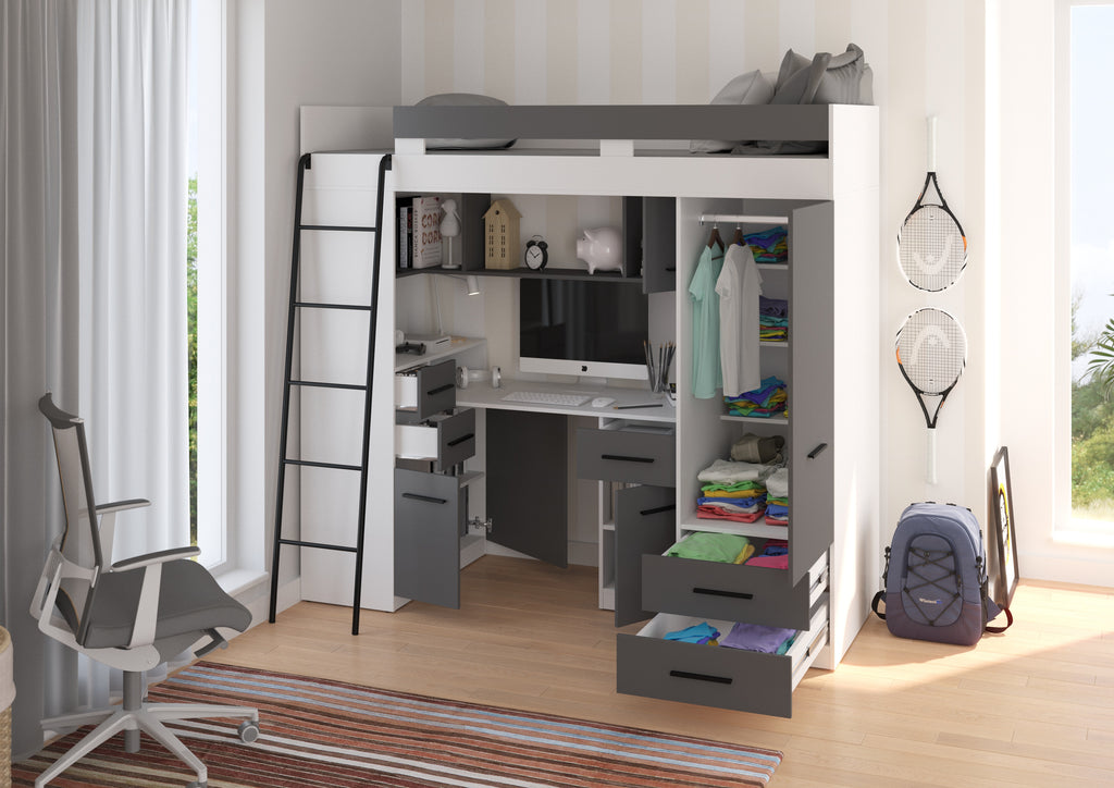 Etagenbett SMY-L mit Leiter links, Kleiderschrank, Schreibtisch und viele Regale