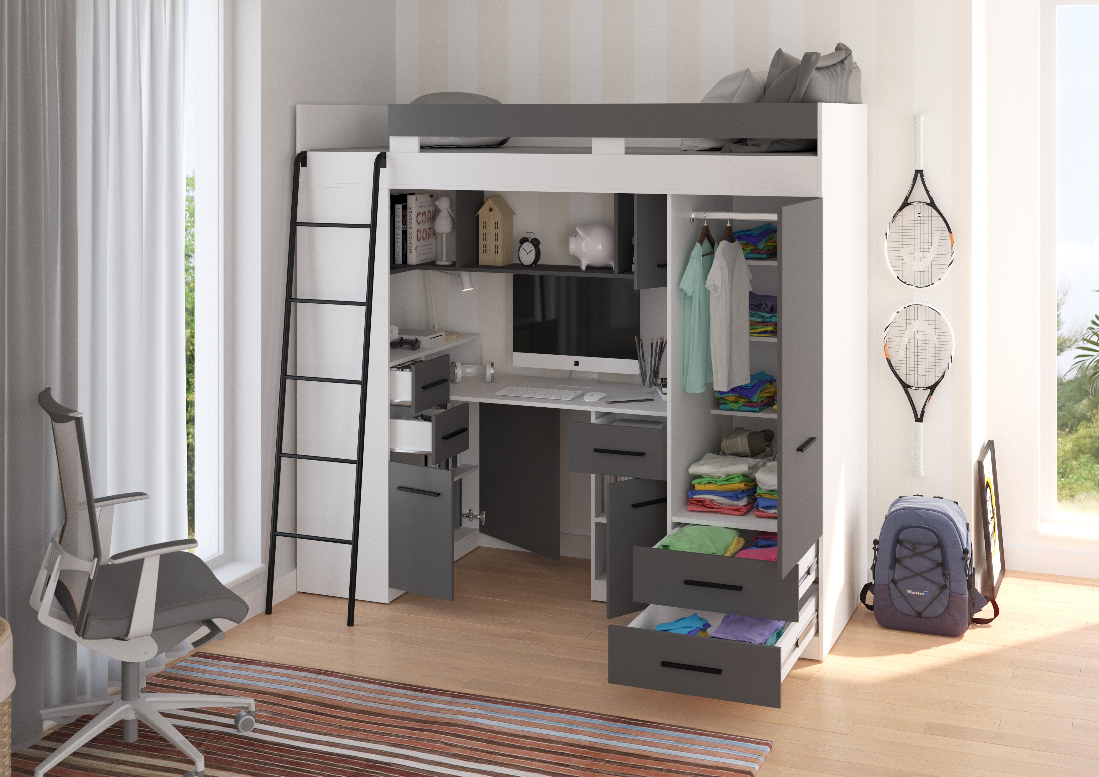 Etagenbett SMY-L mit Leiter links, Kleiderschrank, Schreibtisch und viele Regale