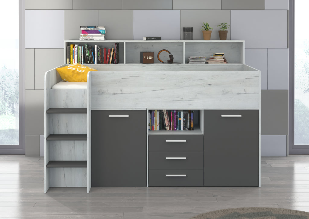 Etagenbett NE-L mit Treppe links, Ausziehbarer Schreibtisch und Doppel Schrank