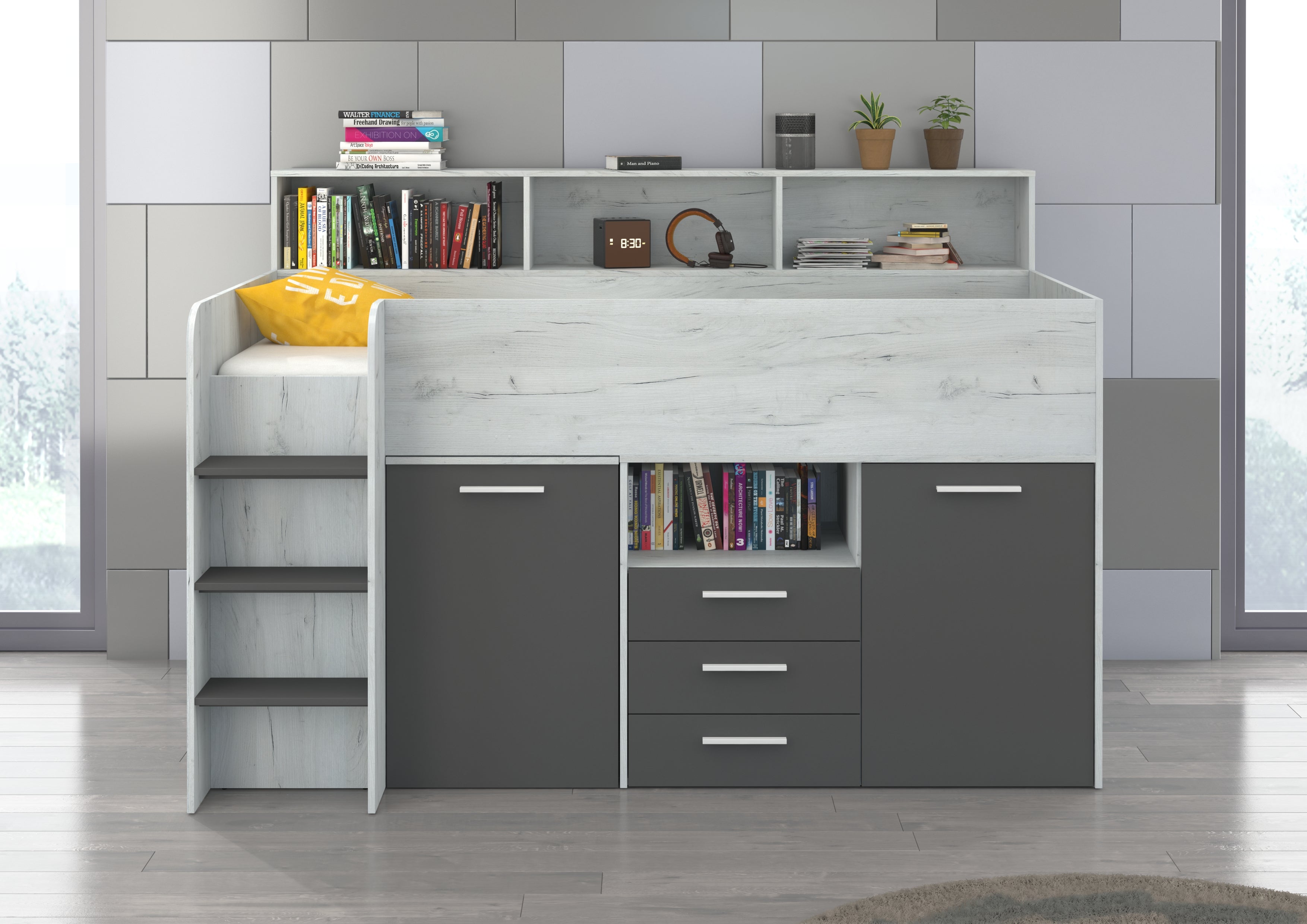 Etagenbett NE-L mit Treppe links, Ausziehbarer Schreibtisch und Doppel Schrank