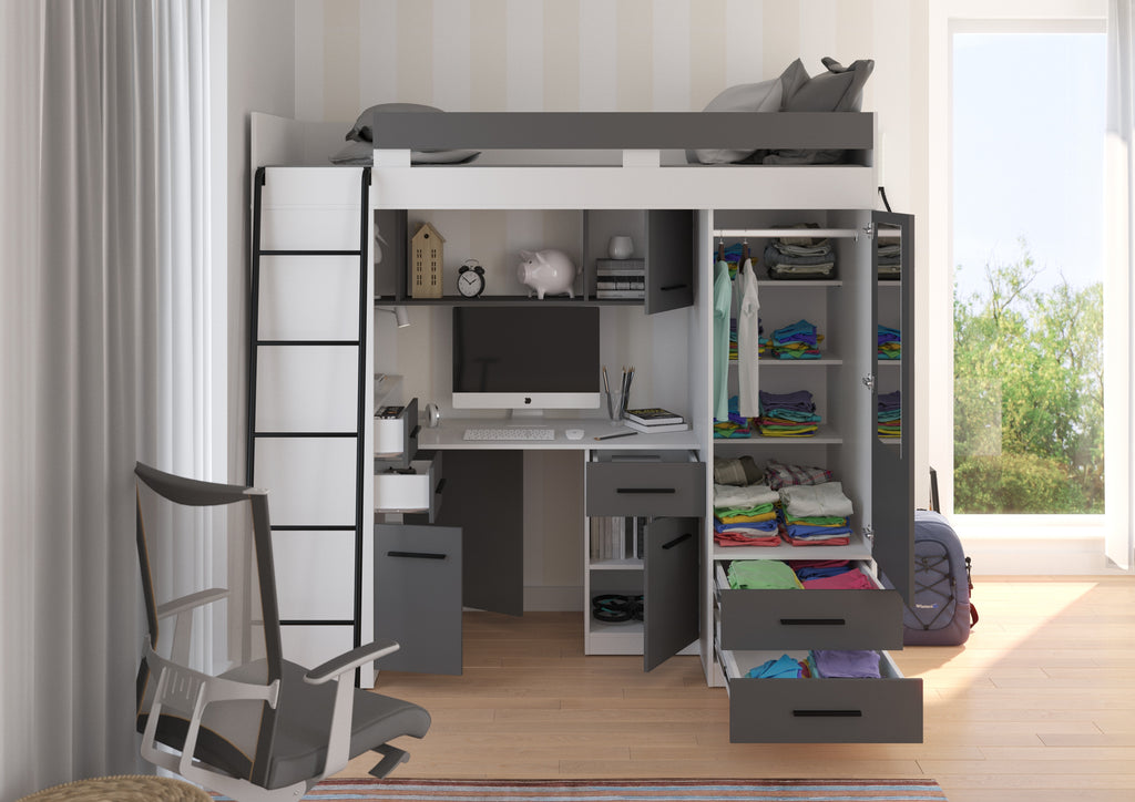 Etagenbett SMY-L mit Leiter links, Kleiderschrank, Schreibtisch und viele Regale