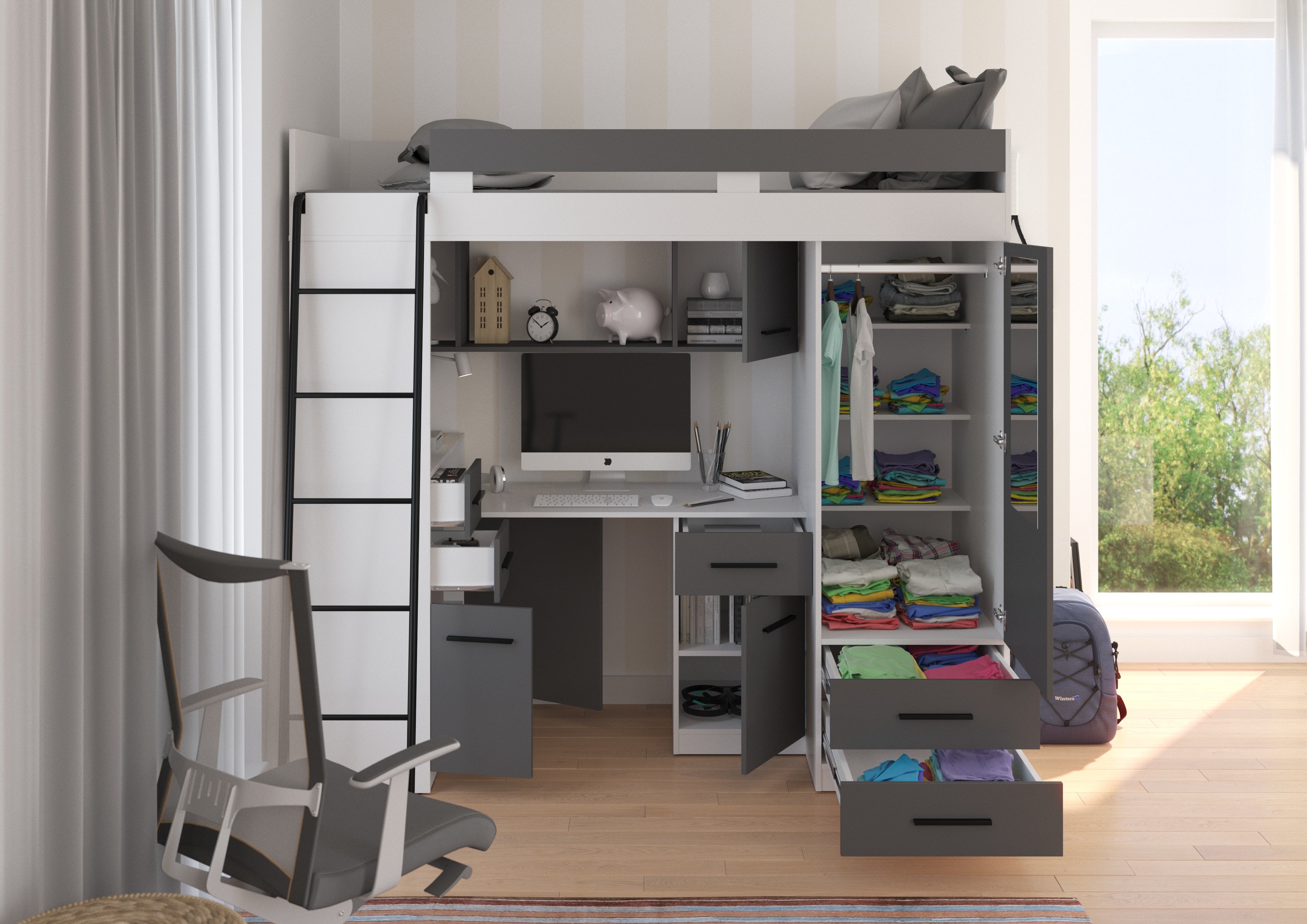 Etagenbett SMY-L mit Leiter links, Kleiderschrank, Schreibtisch und viele Regale