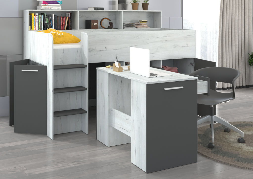 Etagenbett NE-L mit Treppe links, Ausziehbarer Schreibtisch und Doppel Schrank