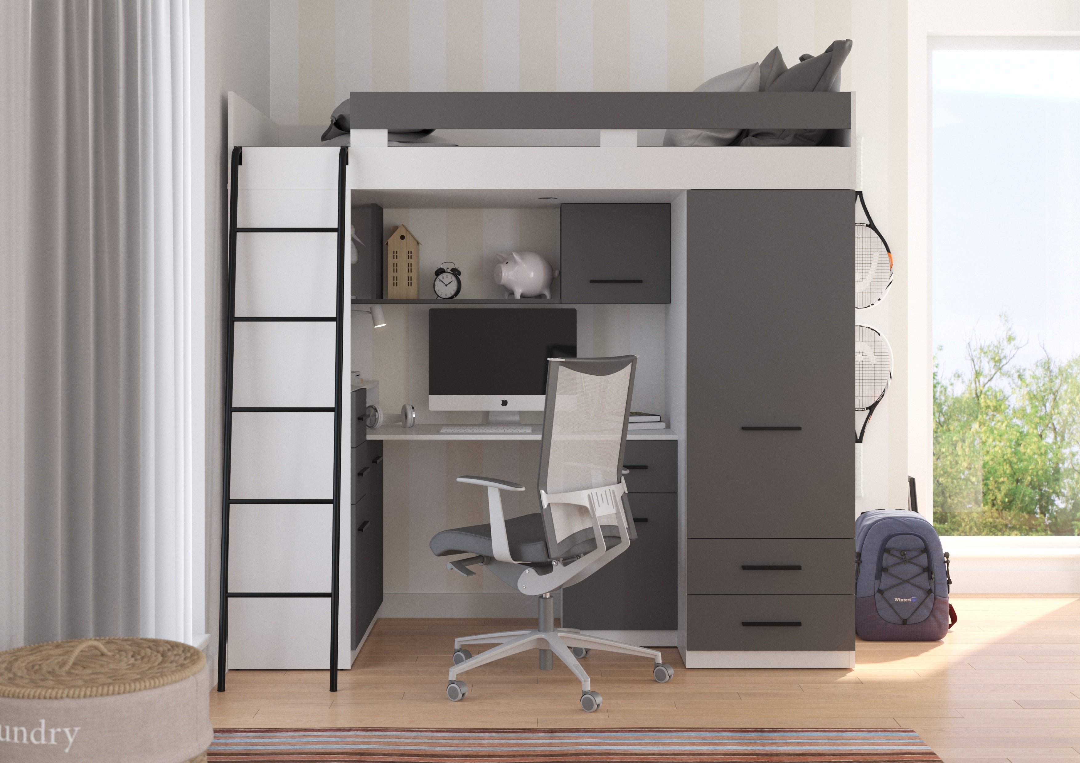 Etagenbett SMY-L mit Leiter links, Kleiderschrank, Schreibtisch und viele Regale