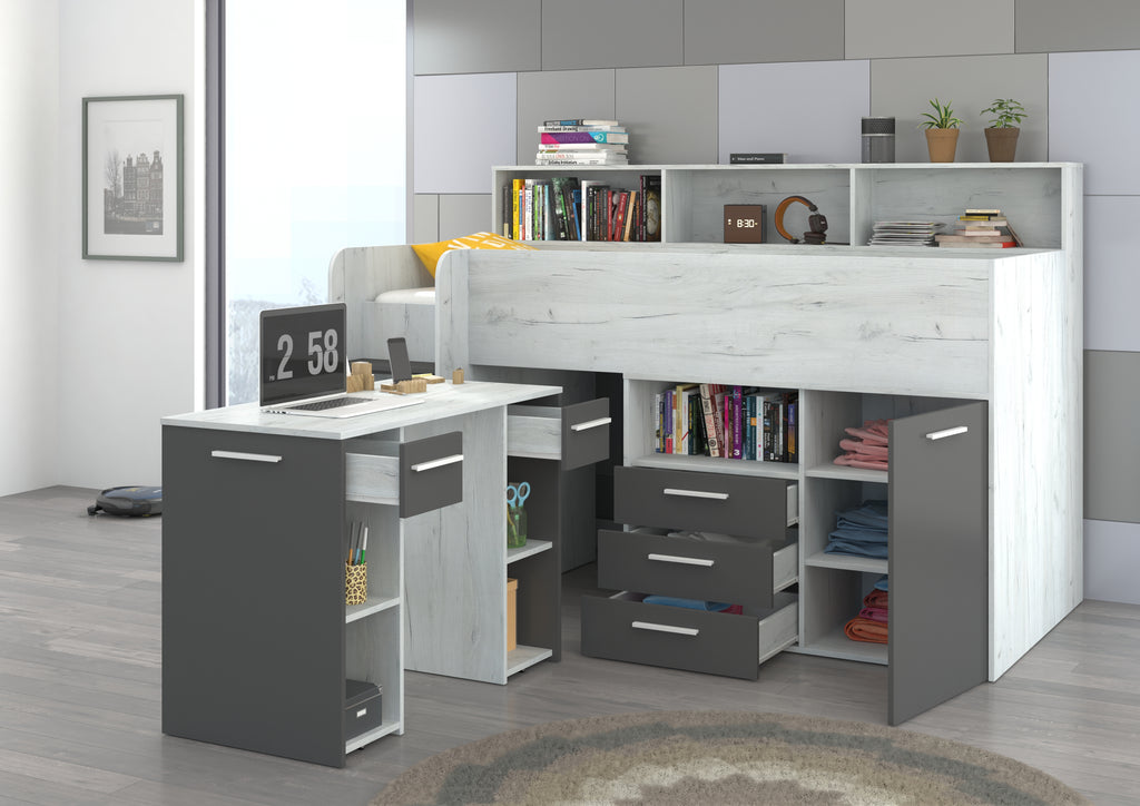 Etagenbett NE-L mit Treppe links, Ausziehbarer Schreibtisch und Doppel Schrank