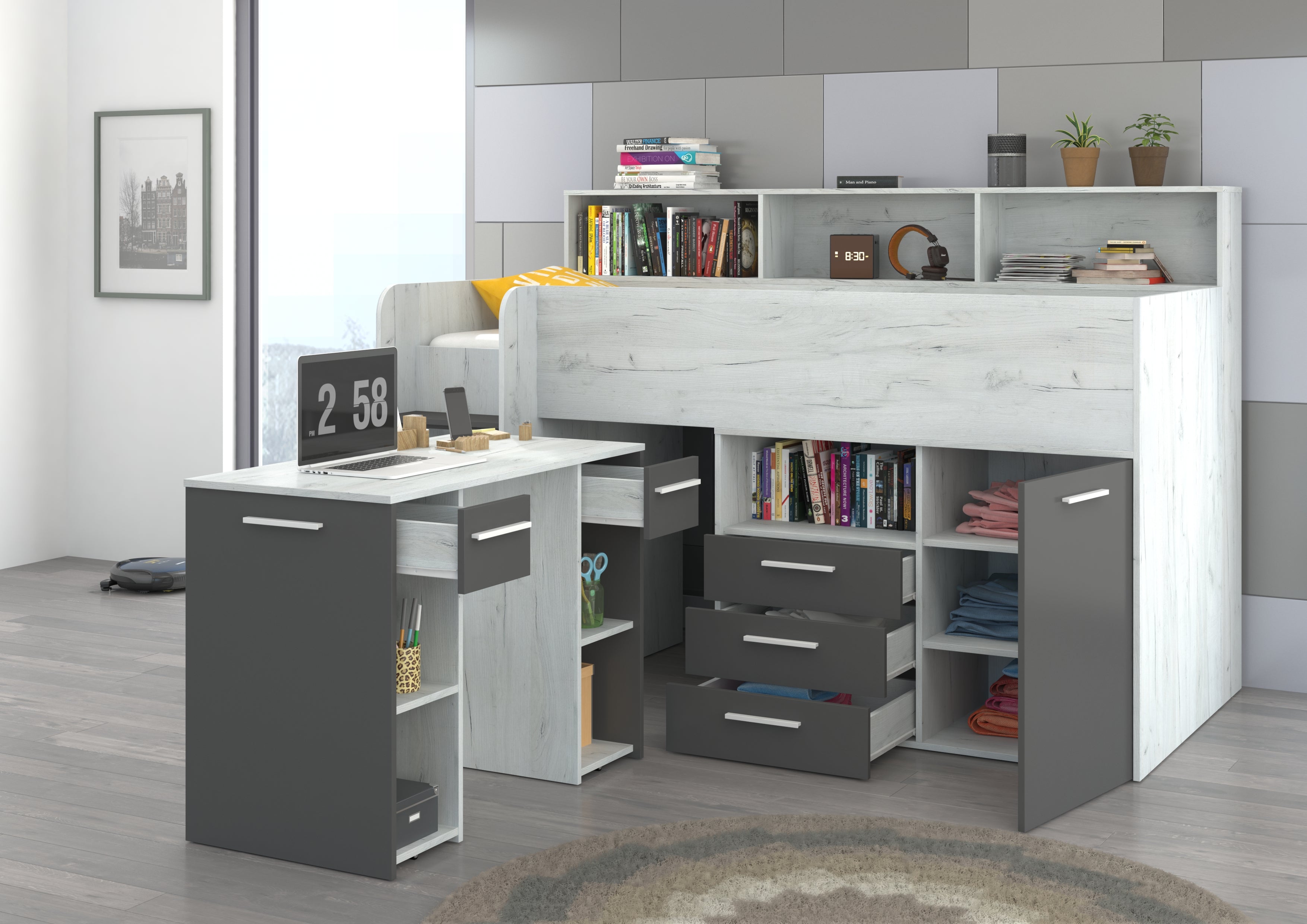 Etagenbett NE-L mit Treppe links, Ausziehbarer Schreibtisch und Doppel Schrank