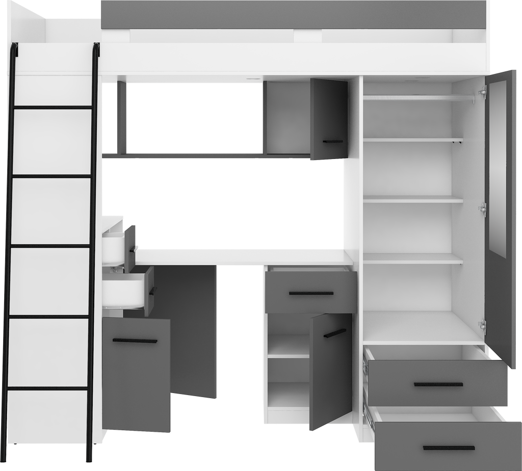 Etagenbett SMY-L mit Leiter links, Kleiderschrank, Schreibtisch und viele Regale