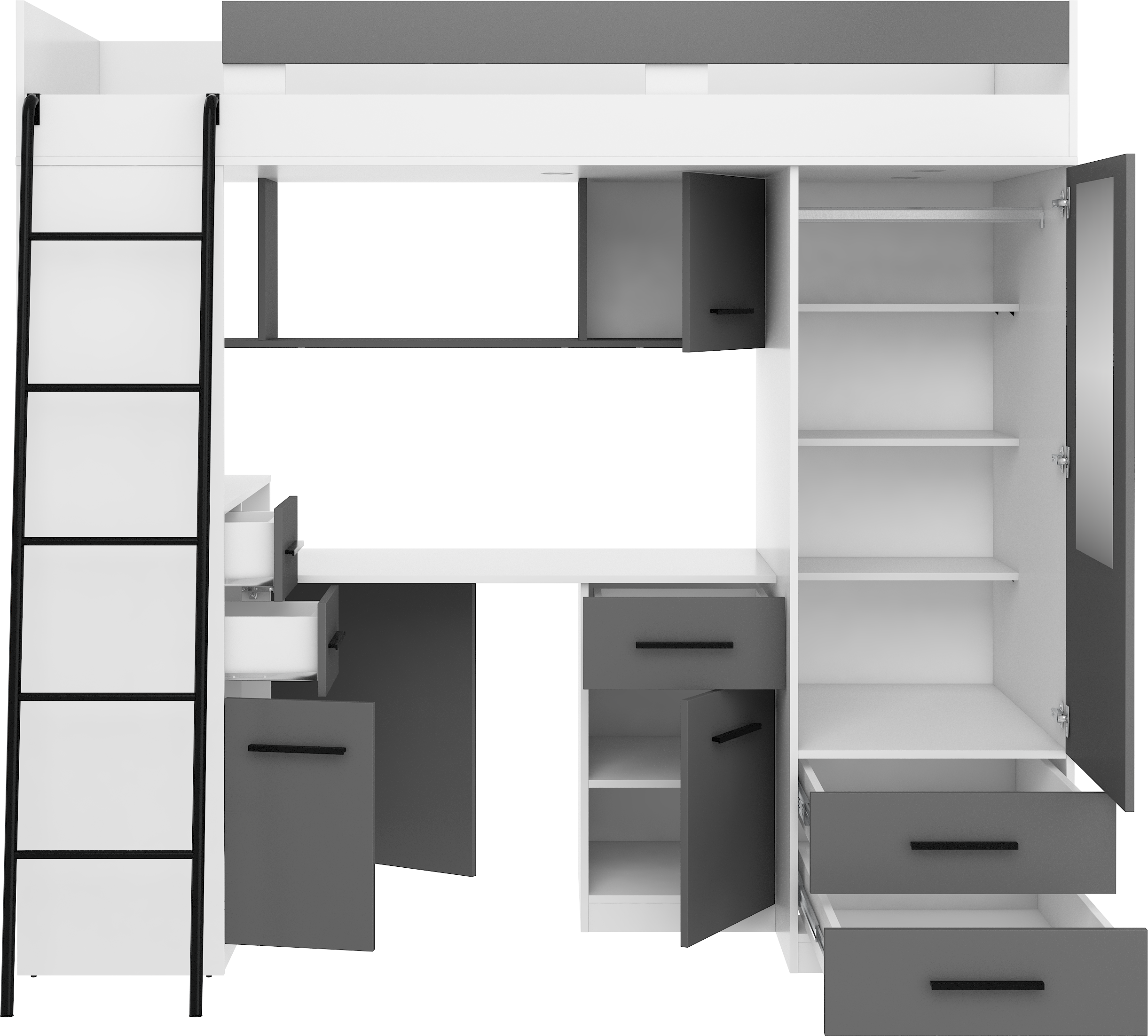 Etagenbett SMY-L mit Leiter links, Kleiderschrank, Schreibtisch und viele Regale