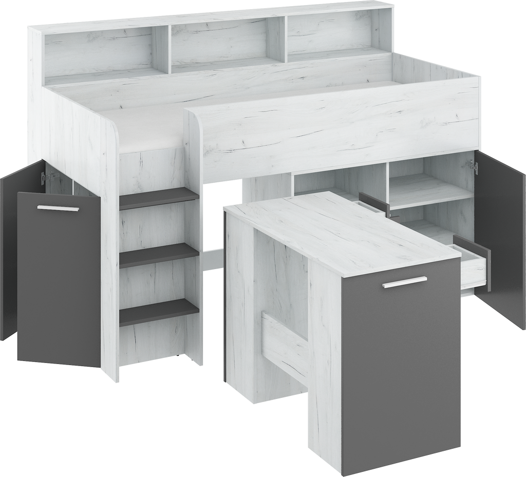 Etagenbett NE-L mit Treppe links, Ausziehbarer Schreibtisch und Doppel Schrank
