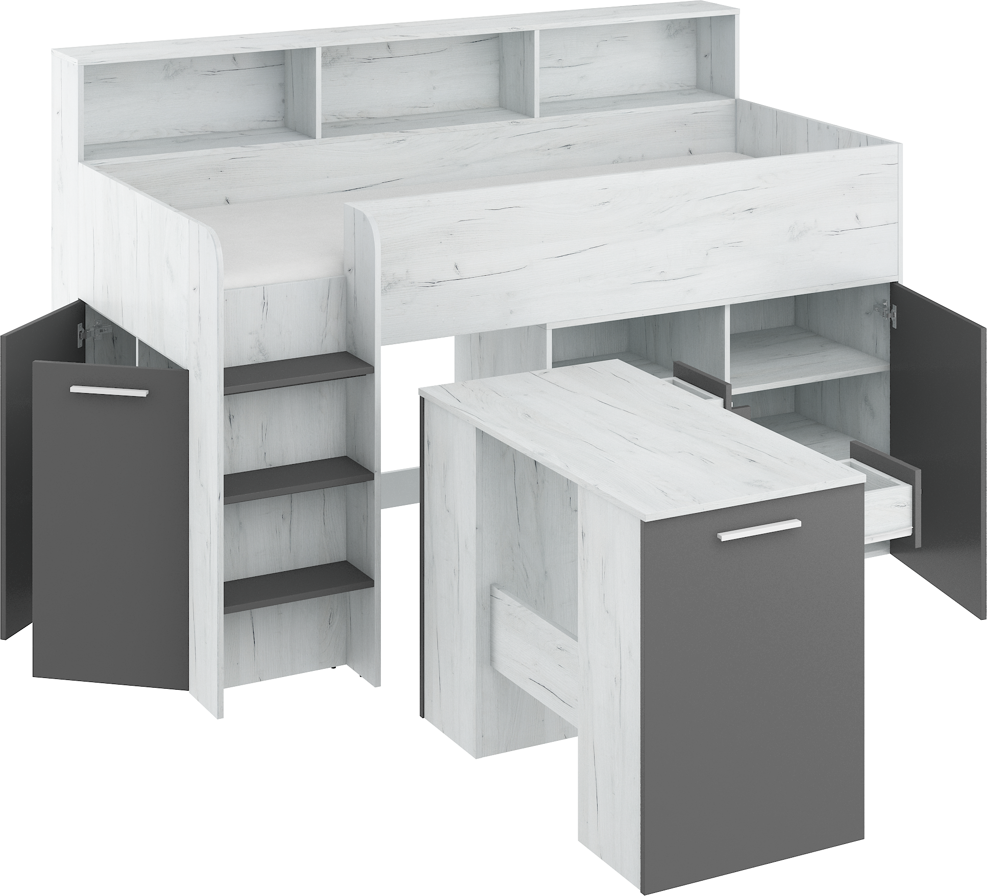 Etagenbett NE-L mit Treppe links, Ausziehbarer Schreibtisch und Doppel Schrank