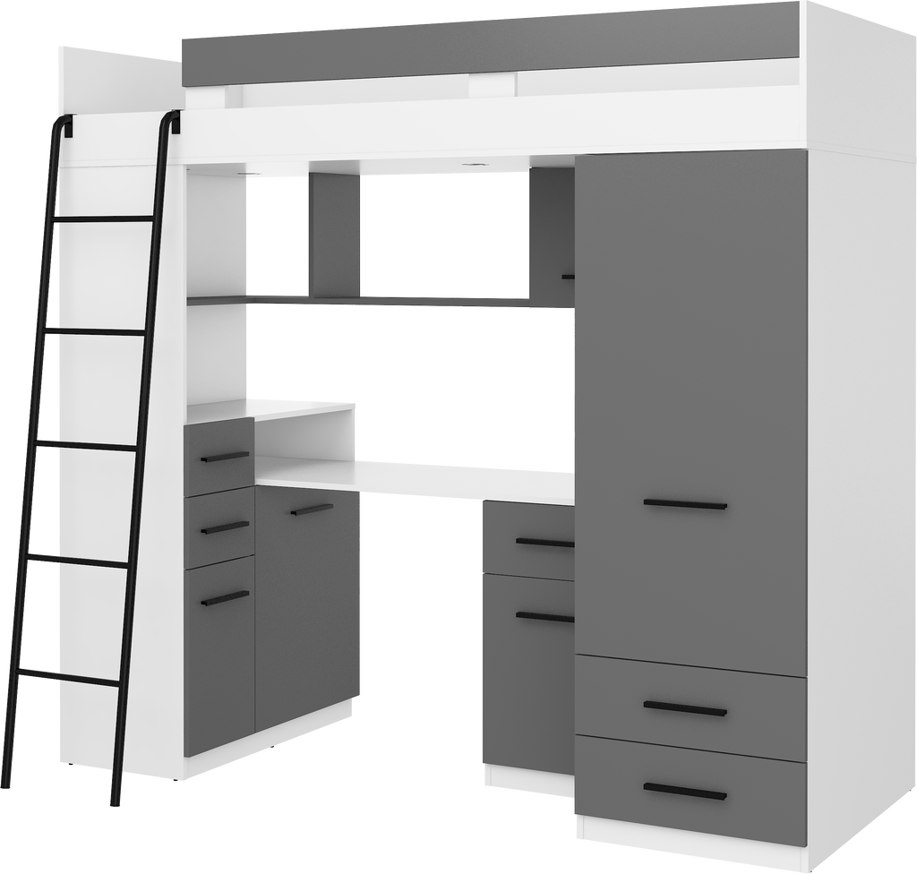 Etagenbett SMY-L mit Leiter links, Kleiderschrank, Schreibtisch und viele Regale