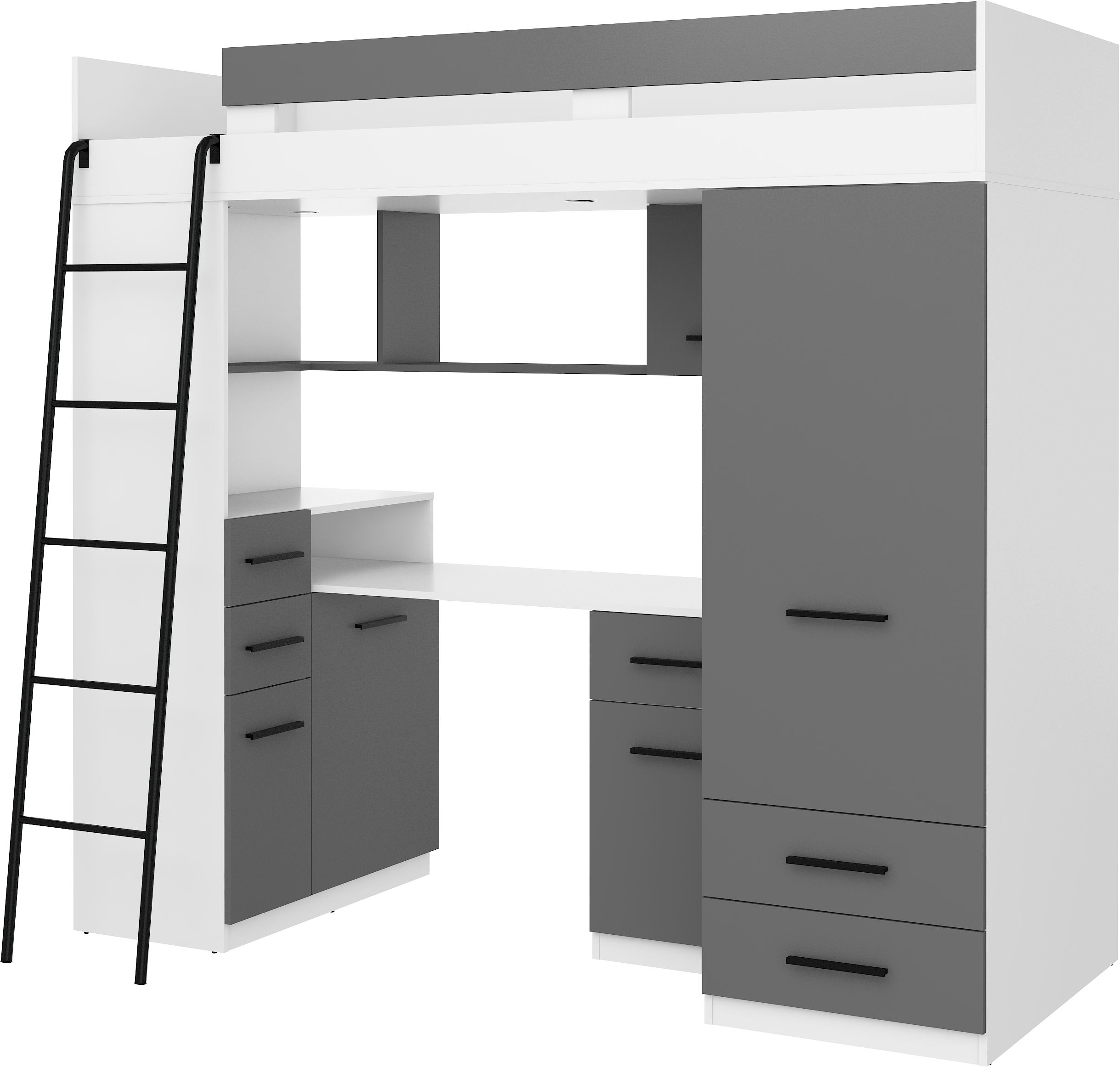 Etagenbett SMY-L mit Leiter links, Kleiderschrank, Schreibtisch und viele Regale