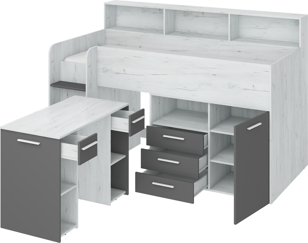 Etagenbett NE-L mit Treppe links, Ausziehbarer Schreibtisch und Doppel Schrank