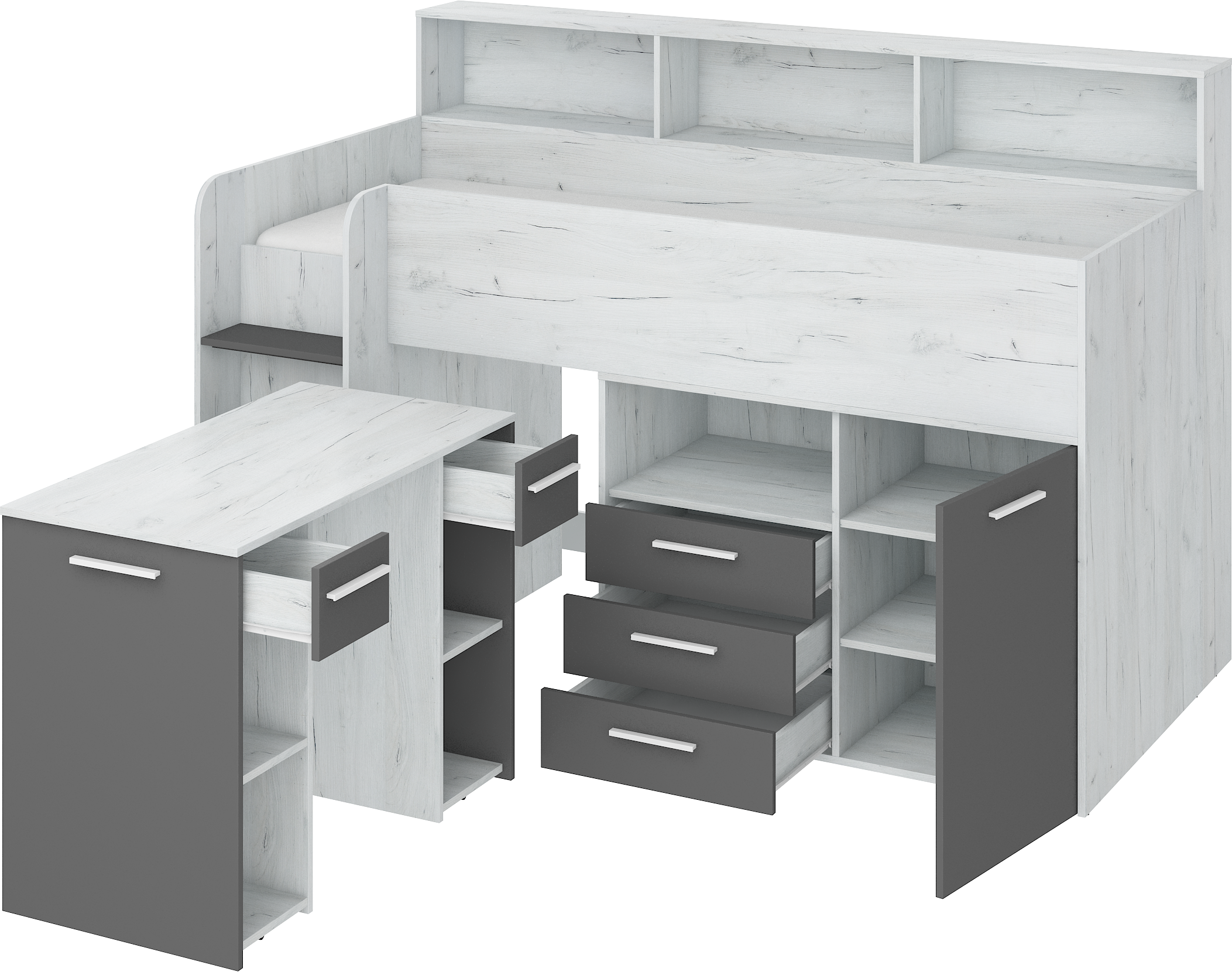 Etagenbett NE-L mit Treppe links, Ausziehbarer Schreibtisch und Doppel Schrank