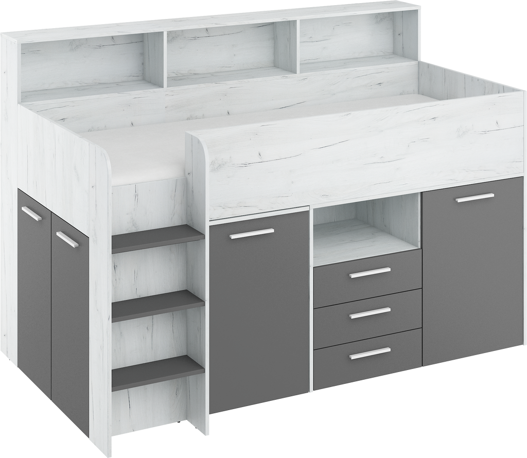 Etagenbett NE-L mit Treppe links, Ausziehbarer Schreibtisch und Doppel Schrank