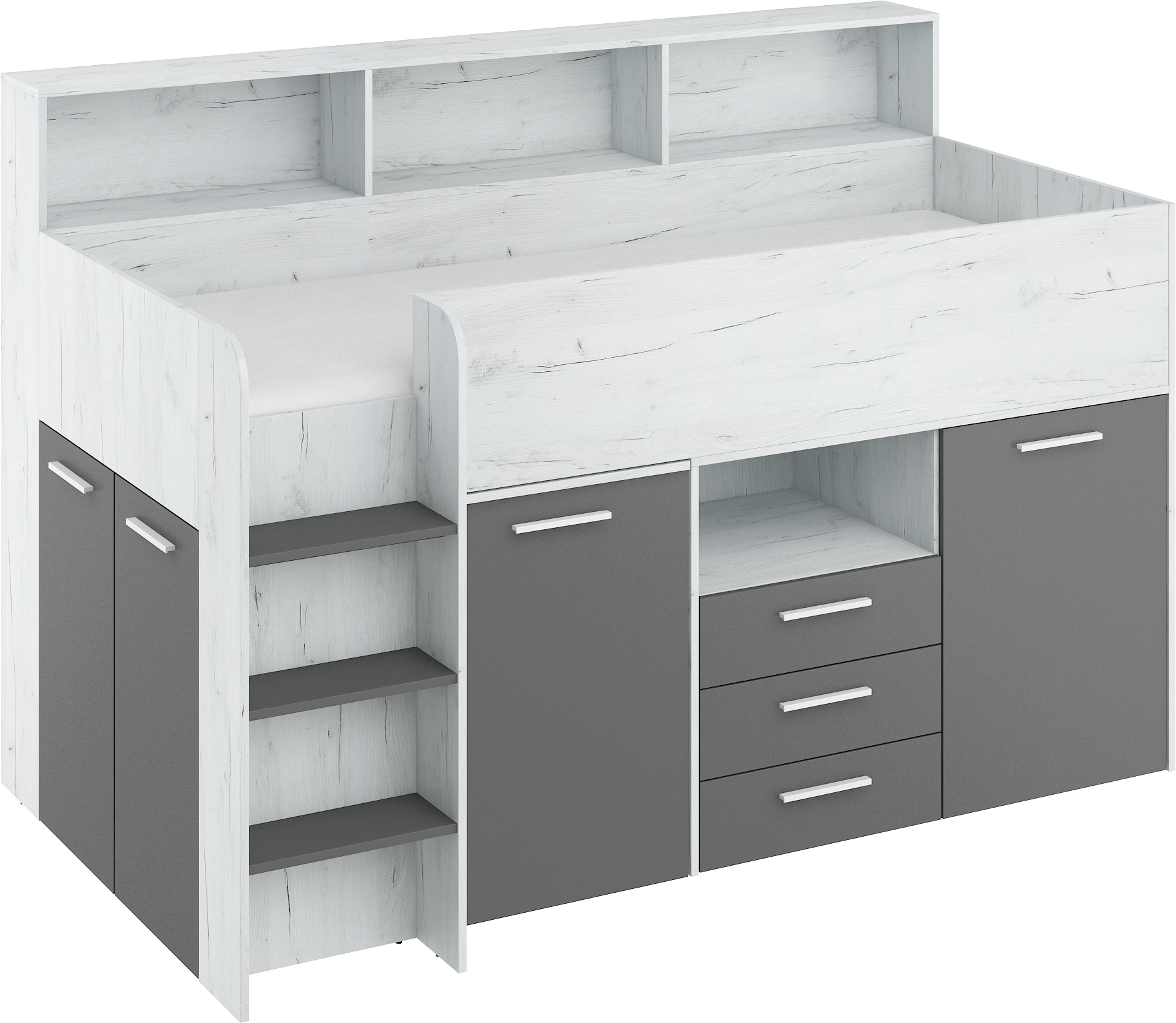 Etagenbett NE-L mit Treppe links, Ausziehbarer Schreibtisch und Doppel Schrank