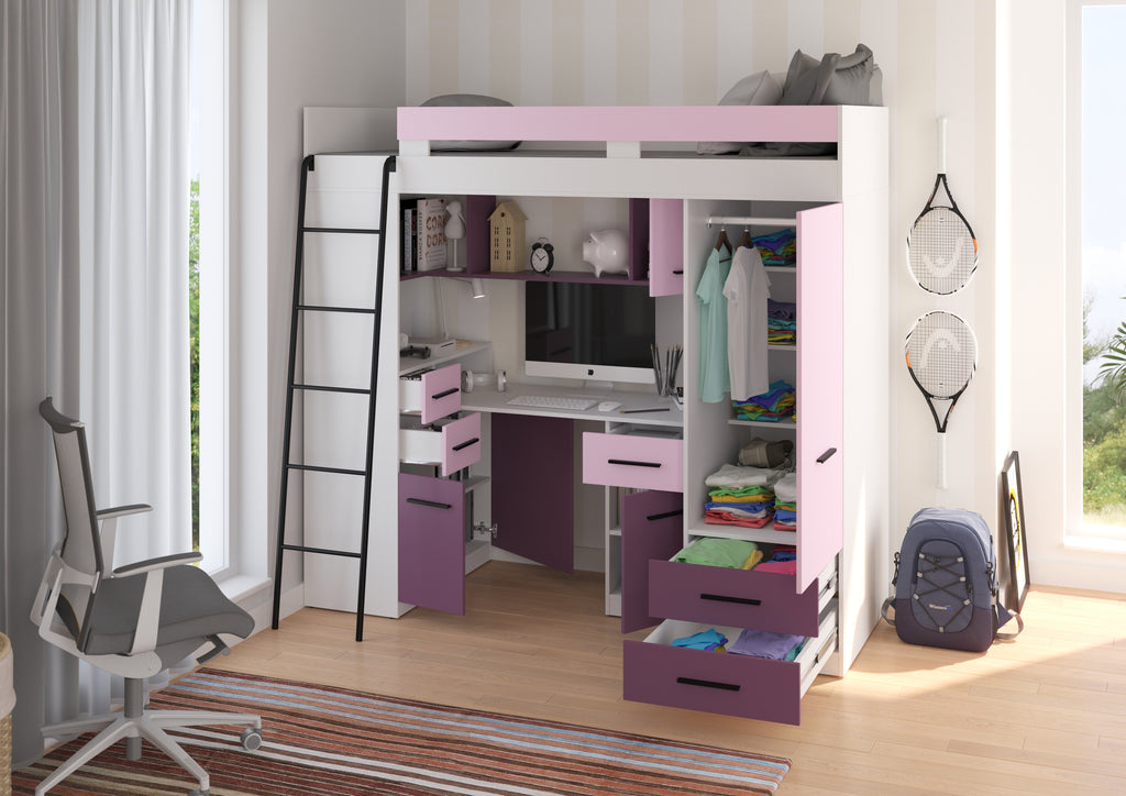 Etagenbett SMY-L mit Leiter links, Kleiderschrank, Schreibtisch und viele Regale