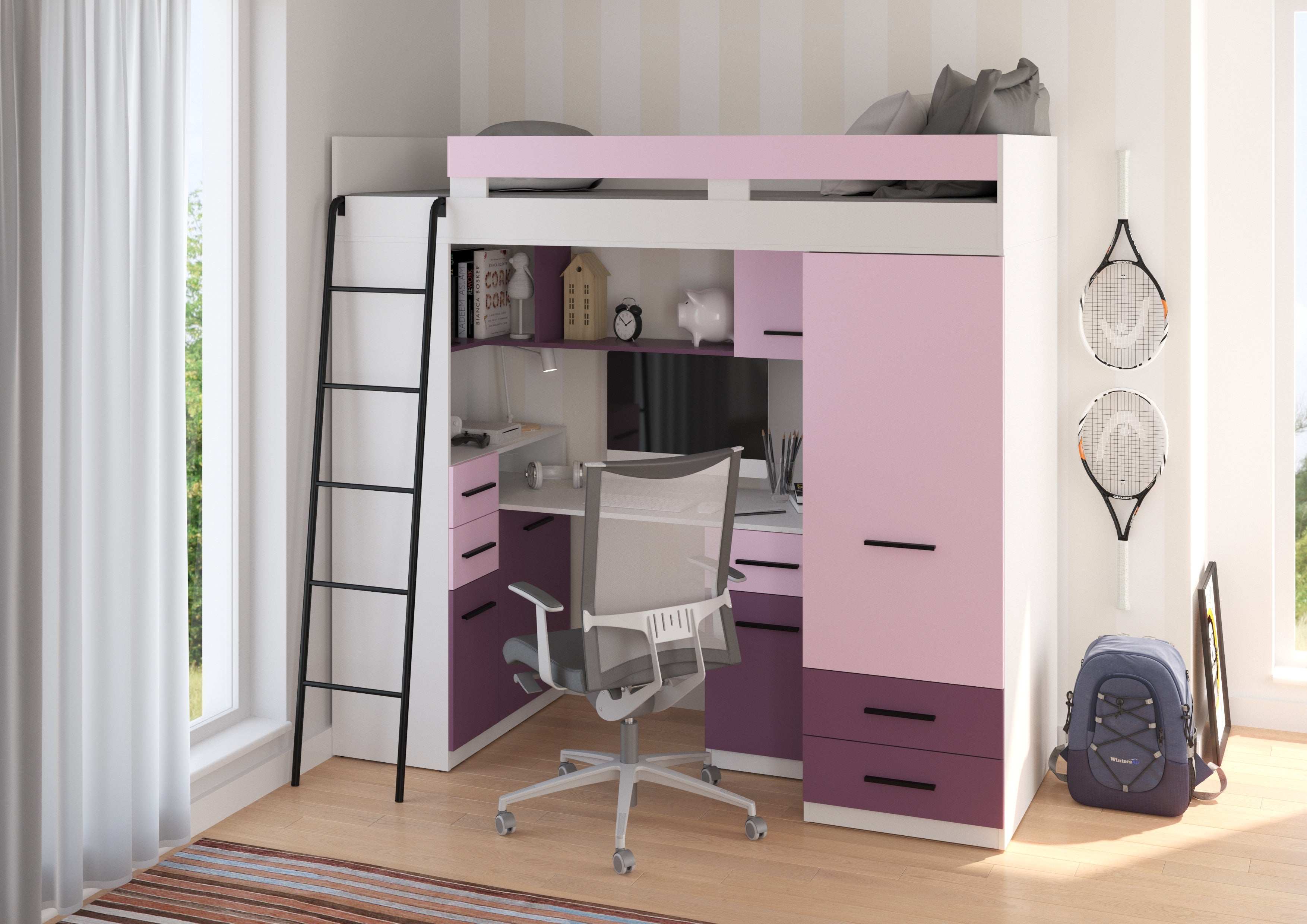 Etagenbett SMY-L mit Leiter links, Kleiderschrank, Schreibtisch und viele Regale