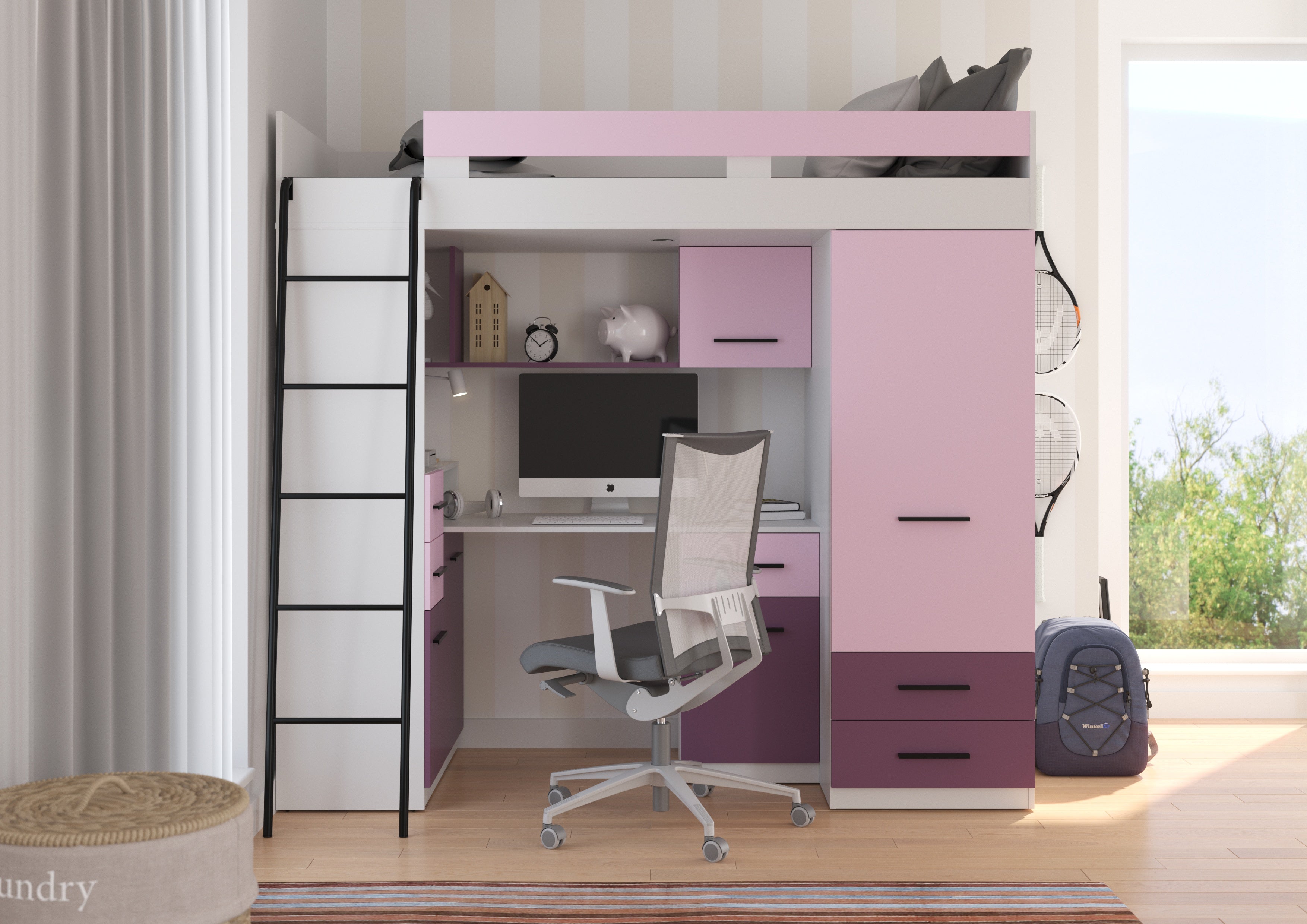 Etagenbett SMY-L mit Leiter links, Kleiderschrank, Schreibtisch und viele Regale