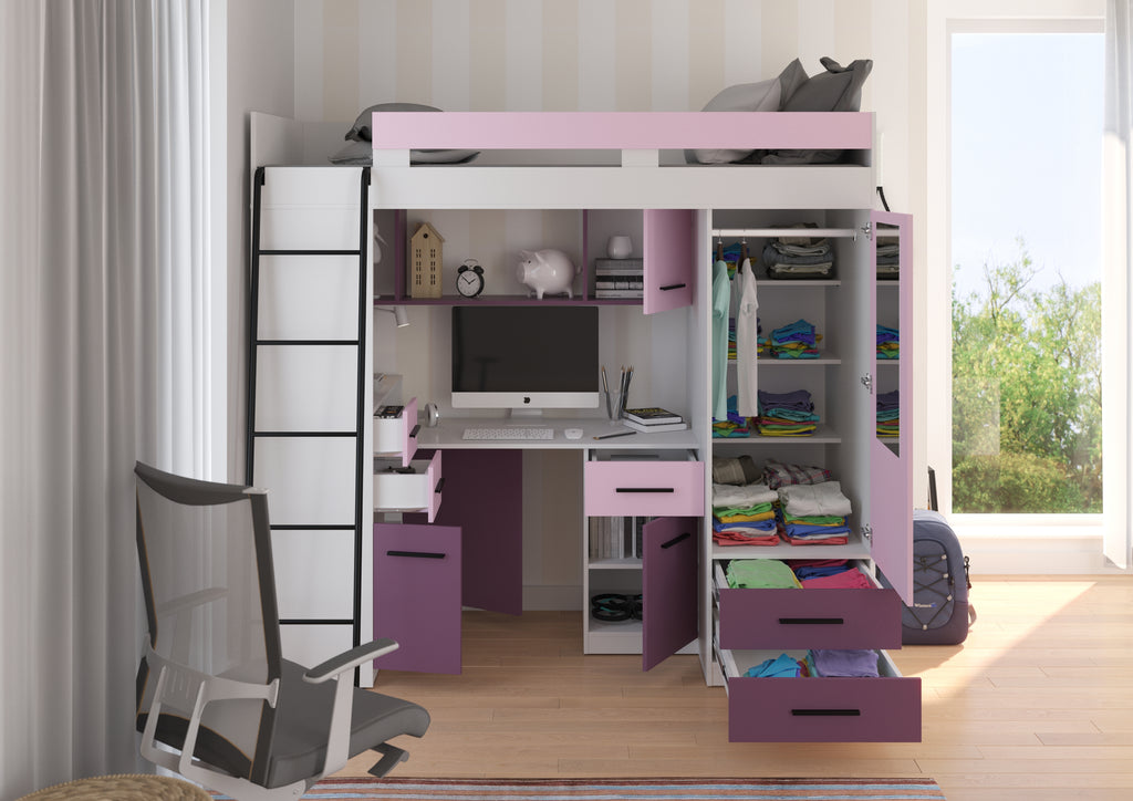 Etagenbett SMY-L mit Leiter links, Kleiderschrank, Schreibtisch und viele Regale