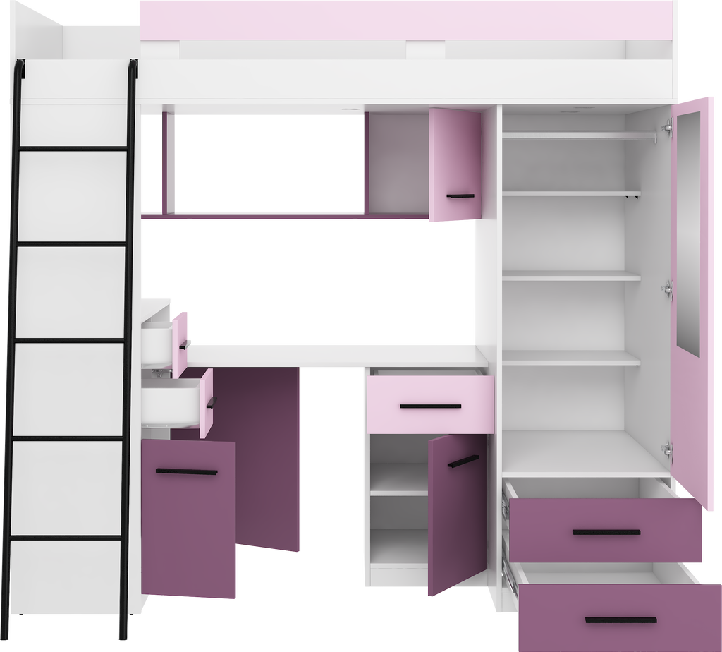 Etagenbett SMY-L mit Leiter links, Kleiderschrank, Schreibtisch und viele Regale