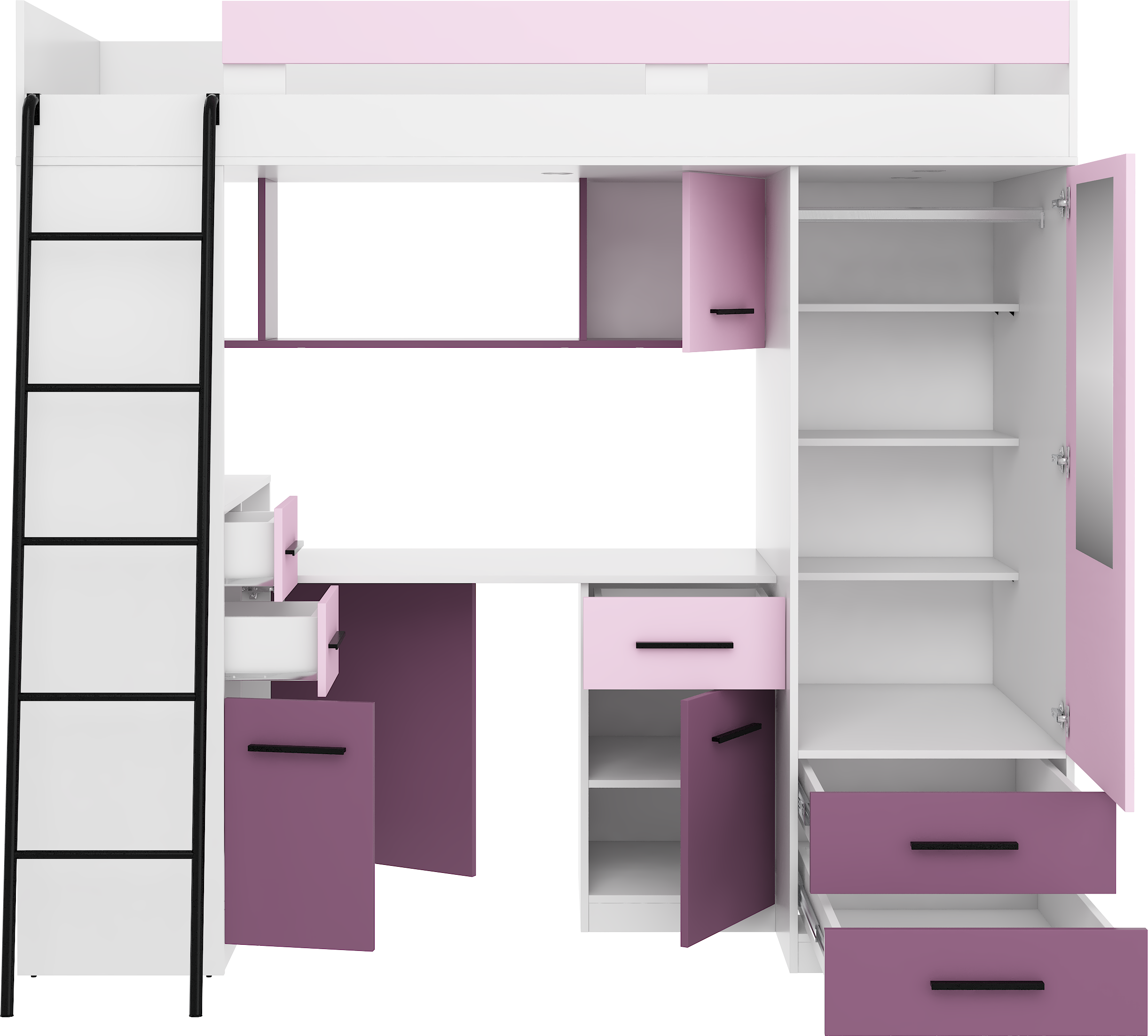 Etagenbett SMY-L mit Leiter links, Kleiderschrank, Schreibtisch und viele Regale