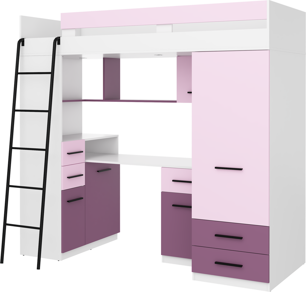 Etagenbett SMY-L mit Leiter links, Kleiderschrank, Schreibtisch und viele Regale