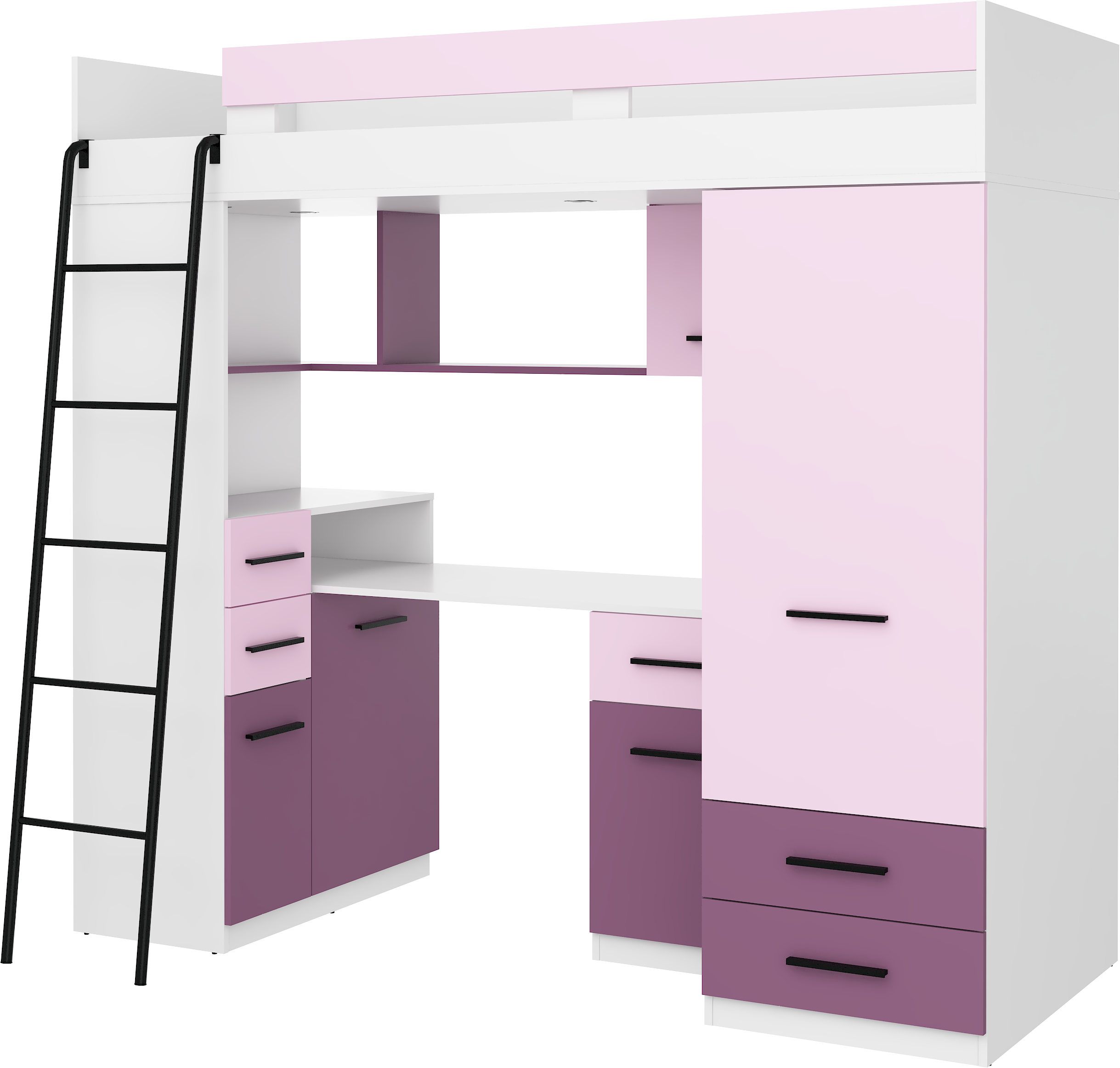 Etagenbett SMY-L mit Leiter links, Kleiderschrank, Schreibtisch und viele Regale