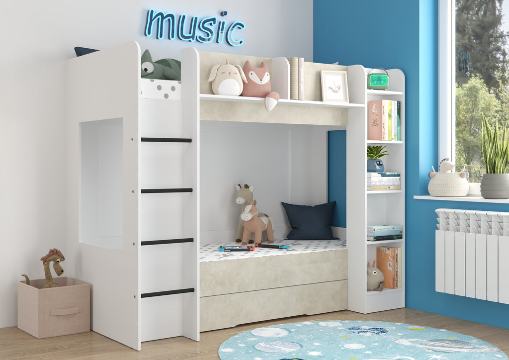 Etagenbett EVE-L für 2 Personen – 2 × 80 × 200 cm mit Schublade und Regalen