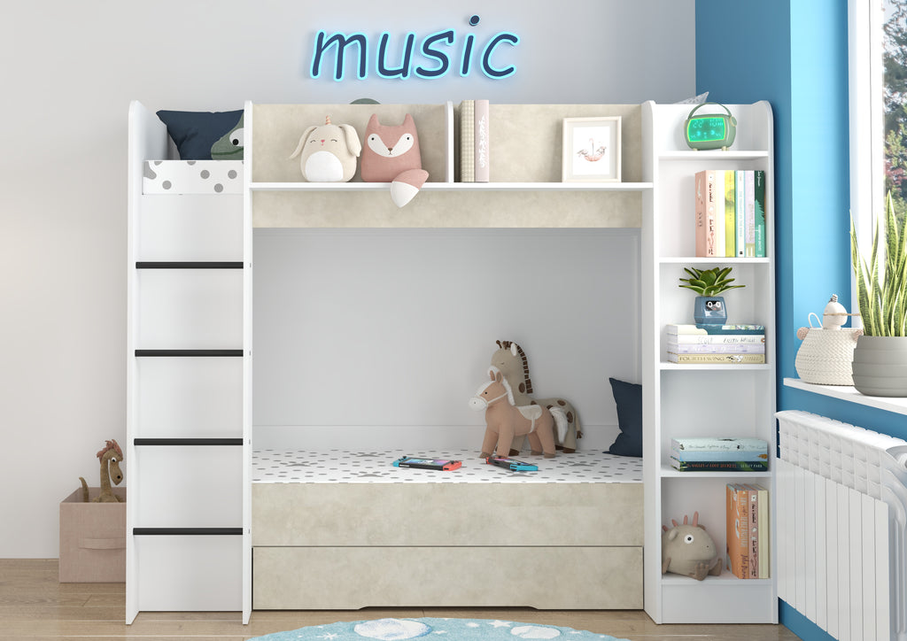 Etagenbett EVE-L für 2 Personen – 2 × 80 × 200 cm mit Schublade und Regalen