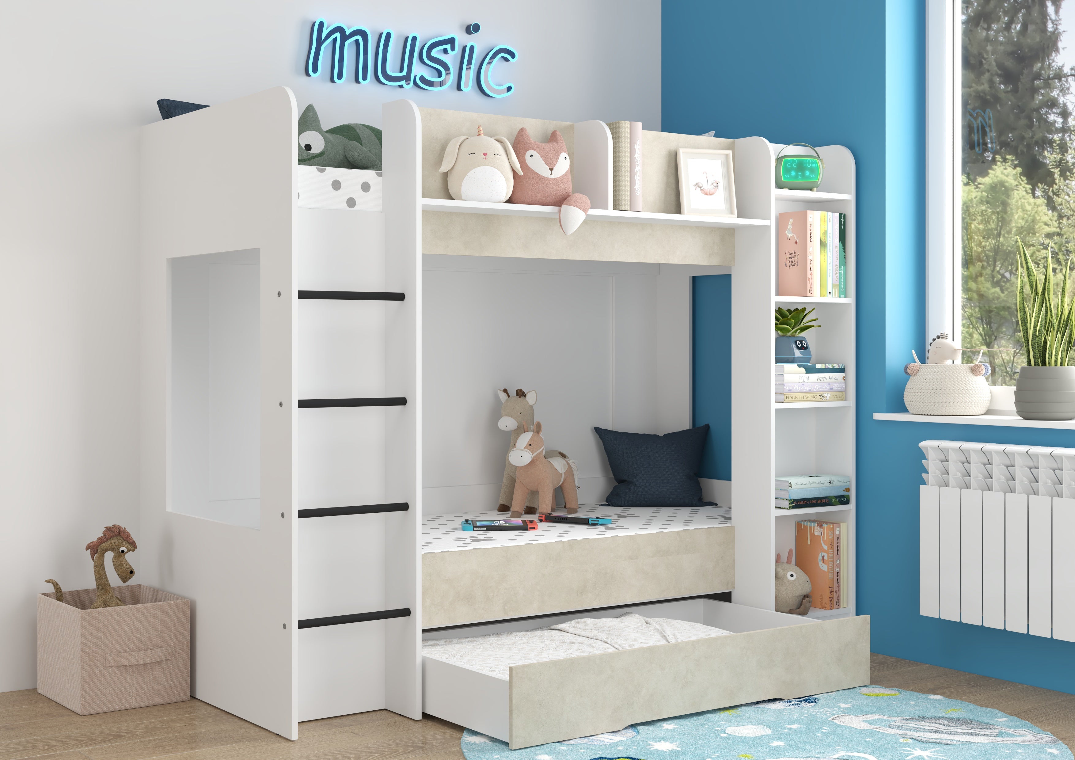 Etagenbett EVE-L für 2 Personen – 2 × 80 × 200 cm mit Schublade und Regalen