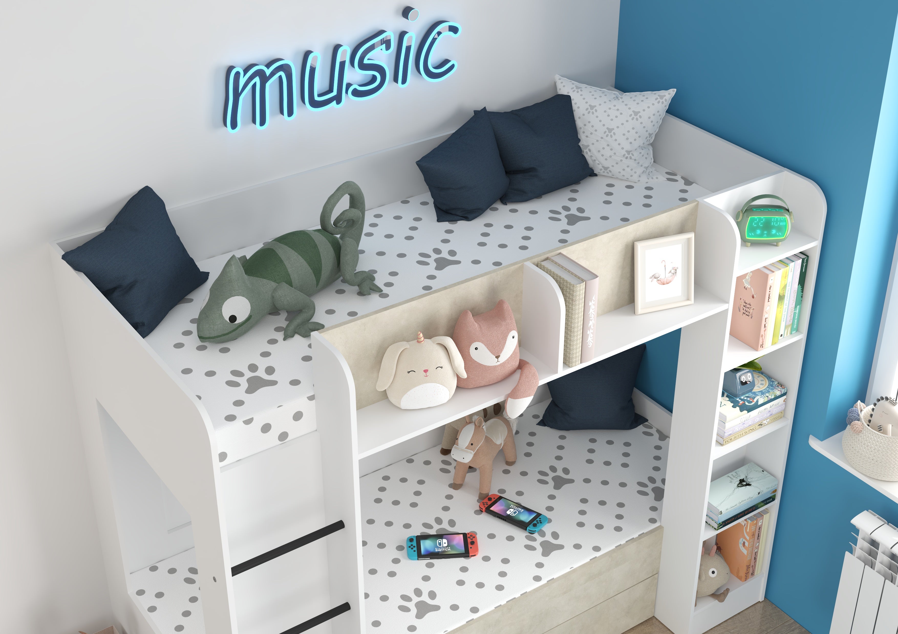 Etagenbett EVE-L für 2 Personen – 2 × 80 × 200 cm mit Schublade und Regalen