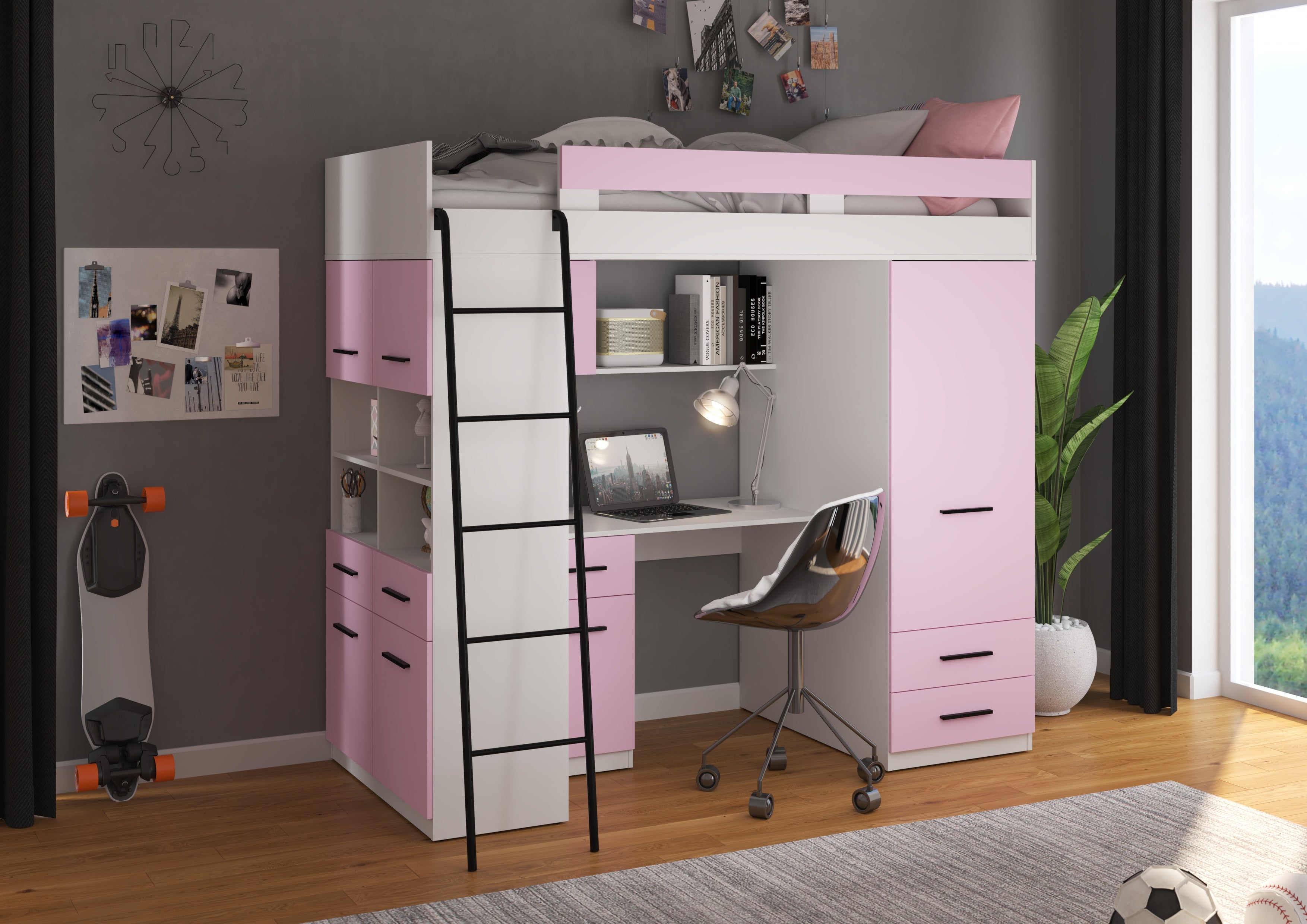 Etagenbett LEV-L mit Leiter links, Kleiderschrank, Schreibtisch und viele Regale