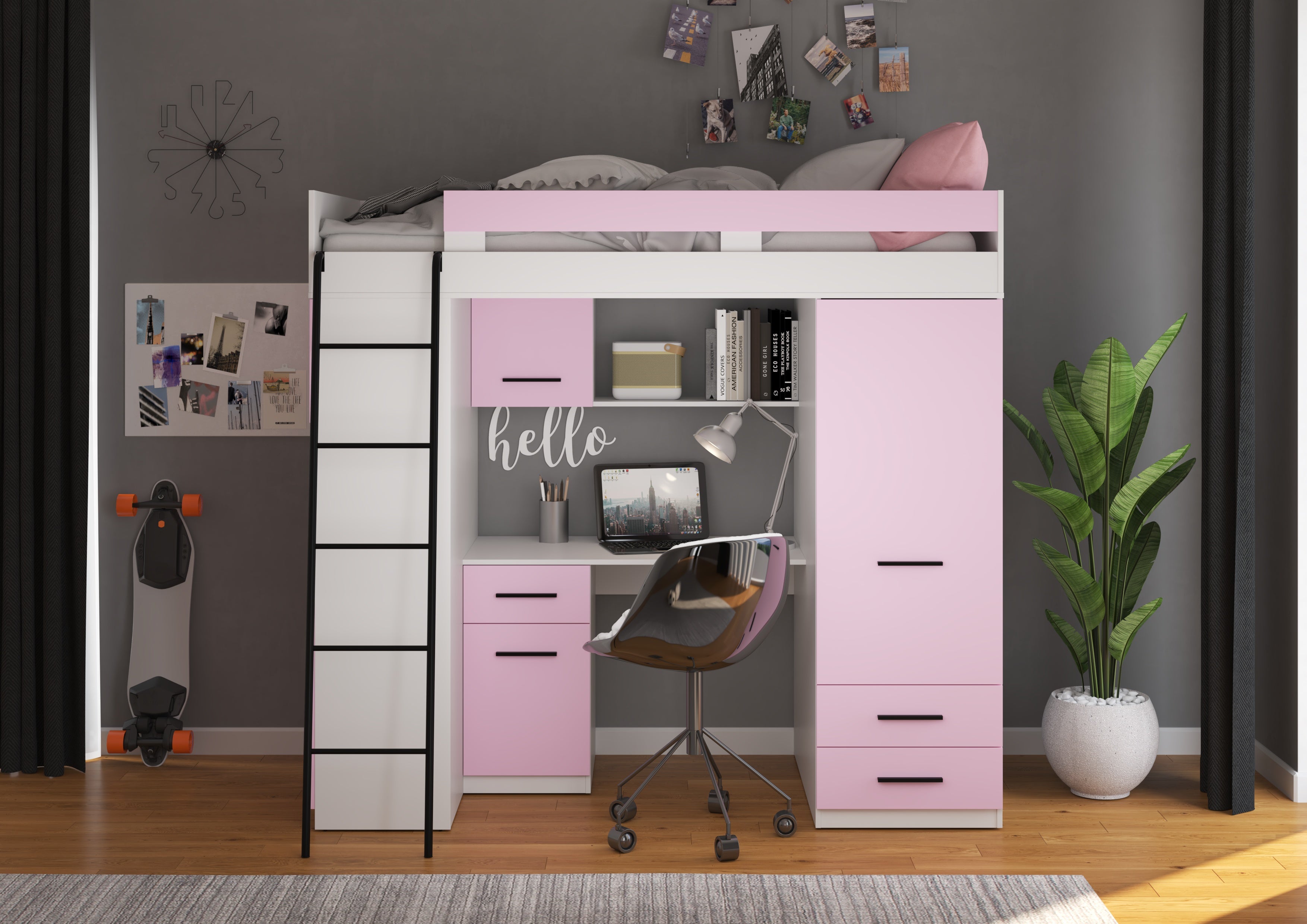 Etagenbett LEV-L mit Leiter links, Kleiderschrank, Schreibtisch und viele Regale