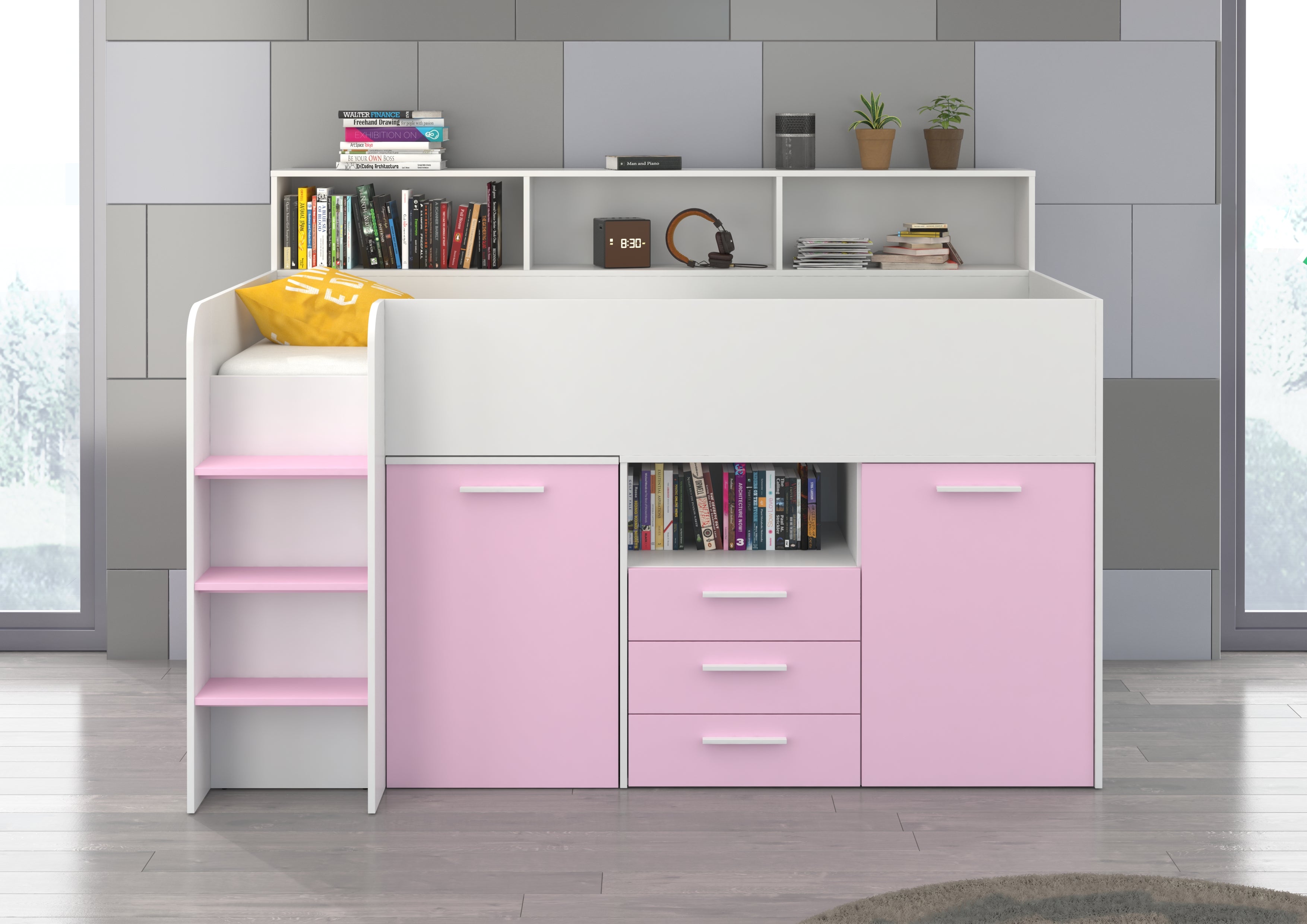 Etagenbett NE-L mit Treppe links, Ausziehbarer Schreibtisch und Doppel Schrank