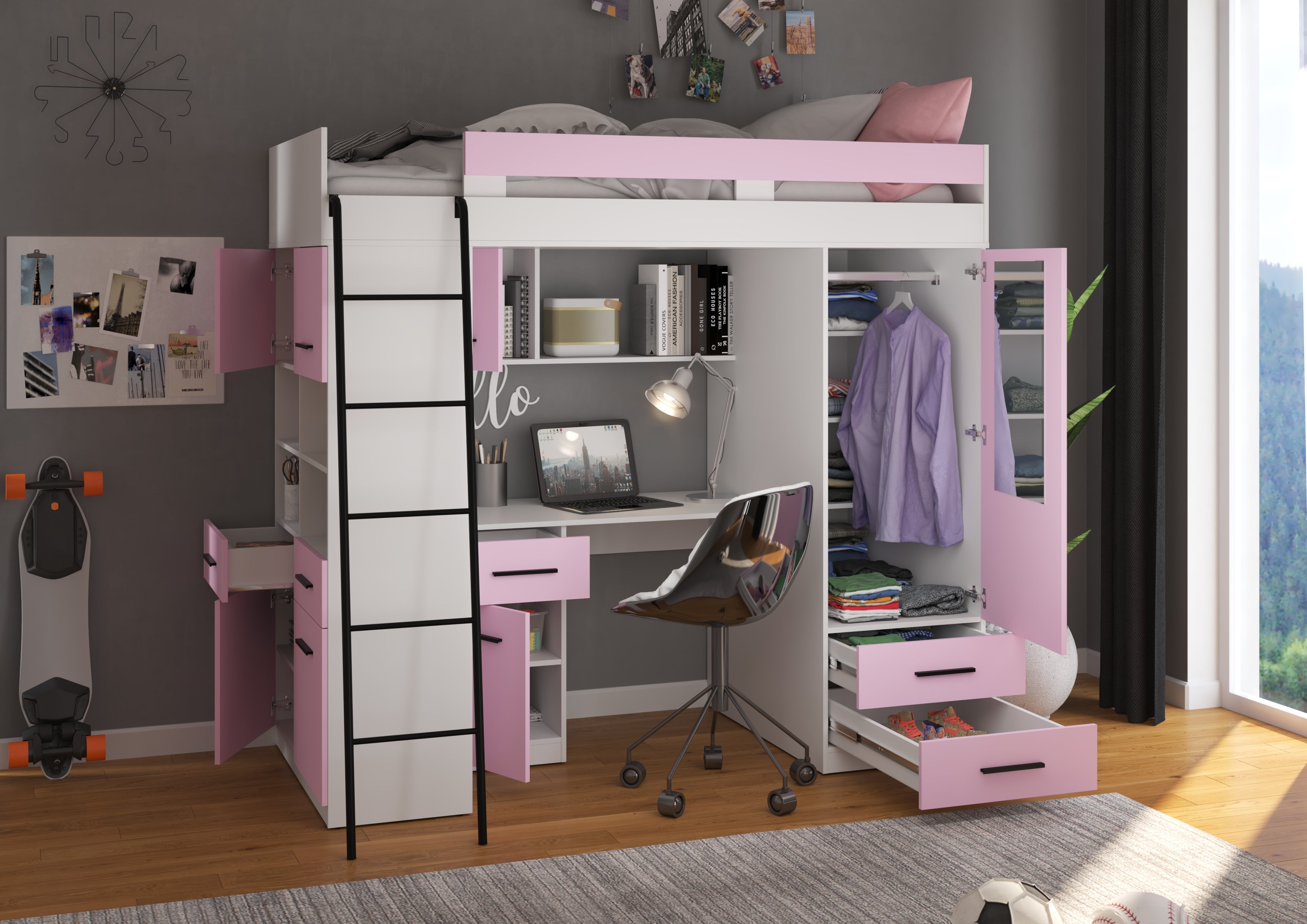 Etagenbett LEV-L mit Leiter links, Kleiderschrank, Schreibtisch und viele Regale