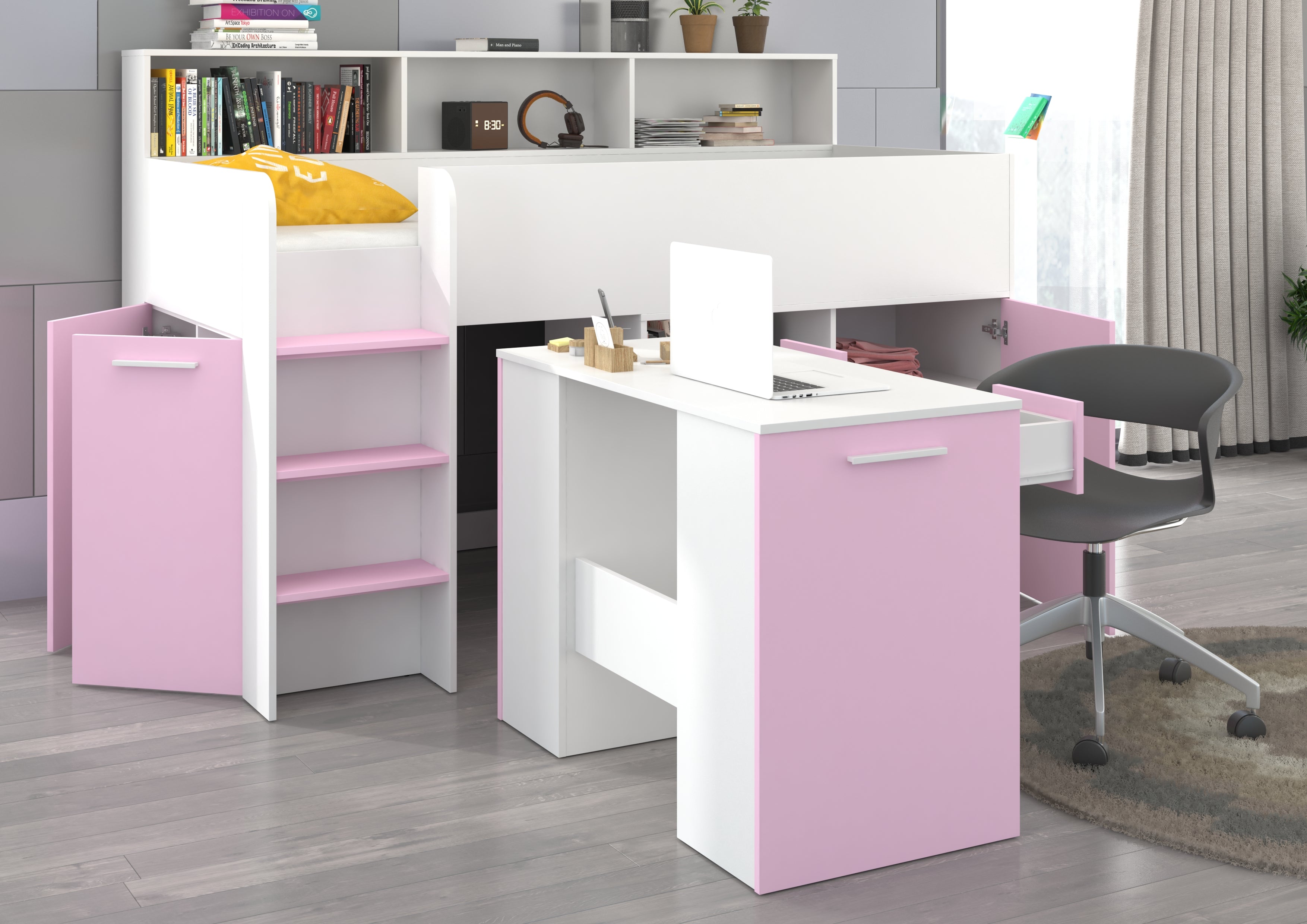 Etagenbett NE-L mit Treppe links, Ausziehbarer Schreibtisch und Doppel Schrank